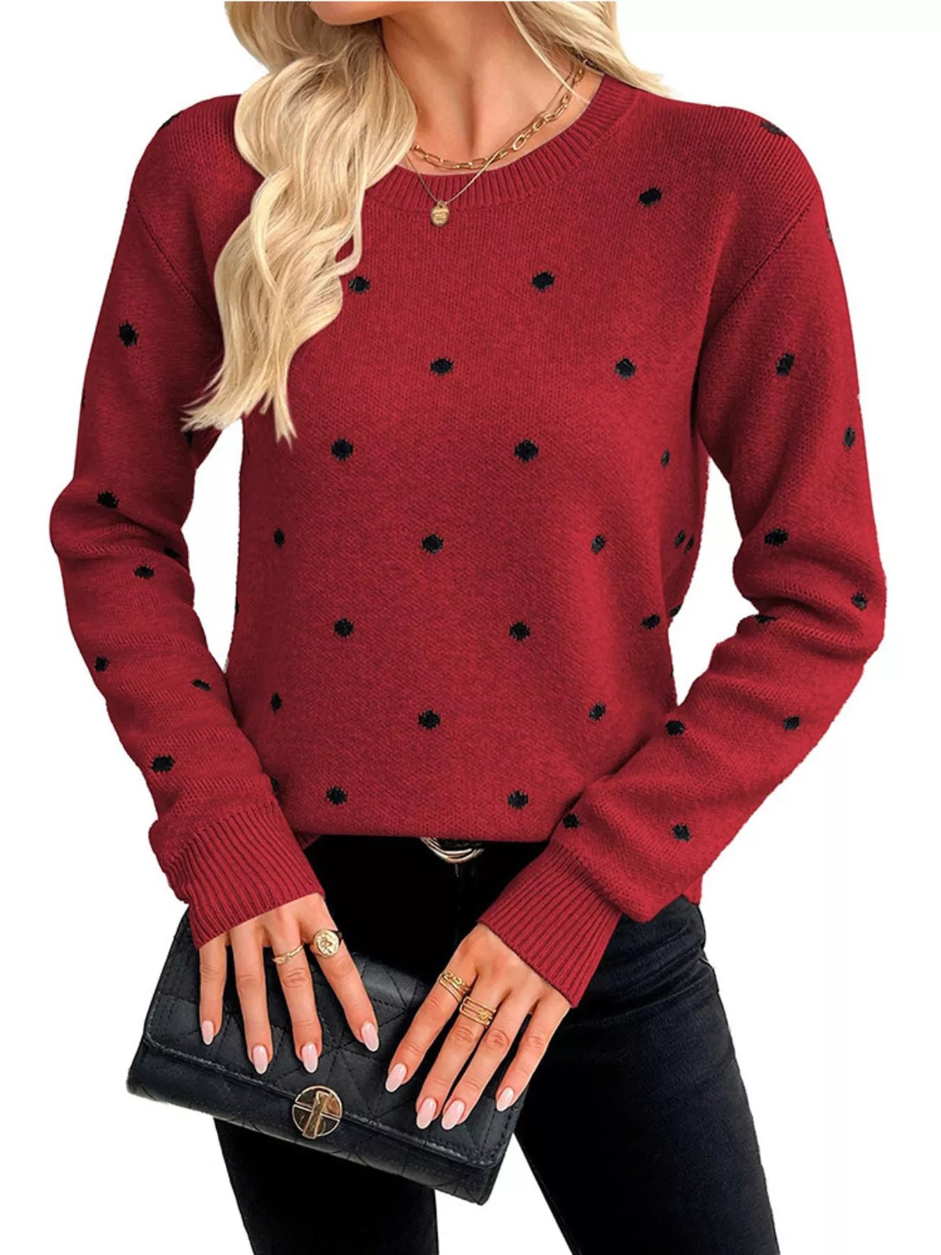 Trendsi Polka Dot Crew Neck Sweater -