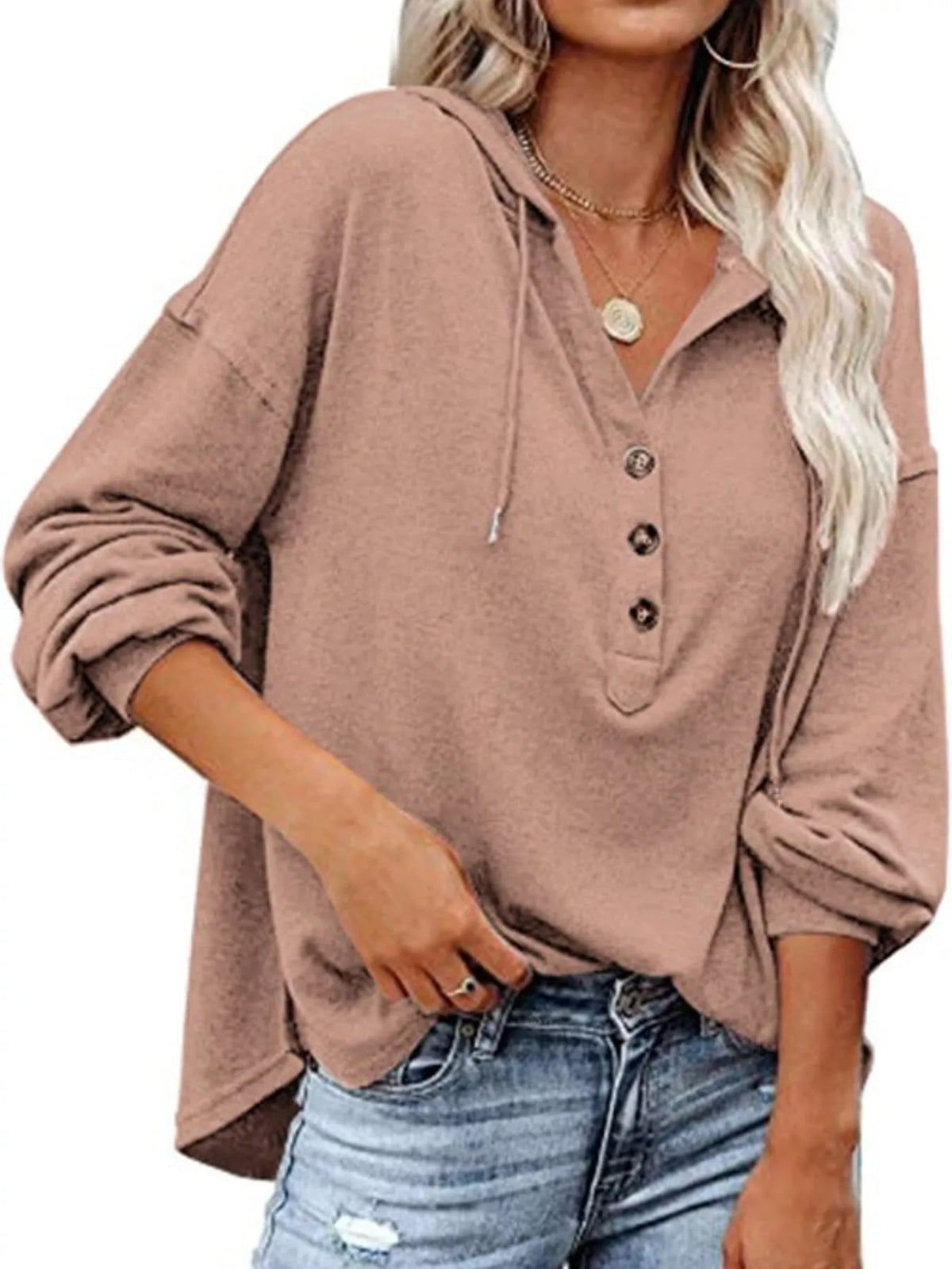 Women's Button Placket Drawstring Dropped Shoulder Hoodie in pink — front view