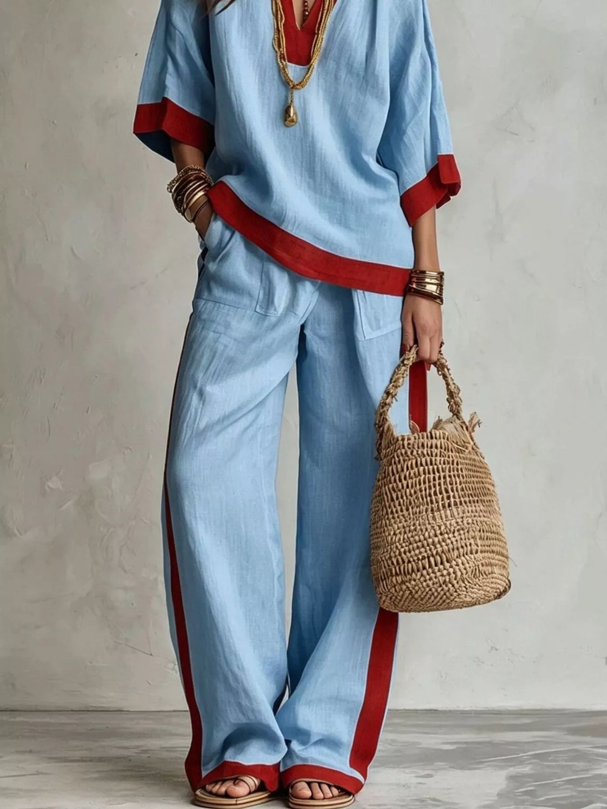 Contrast Trim Top and Wide Leg Pants Set in blue, pants detail
