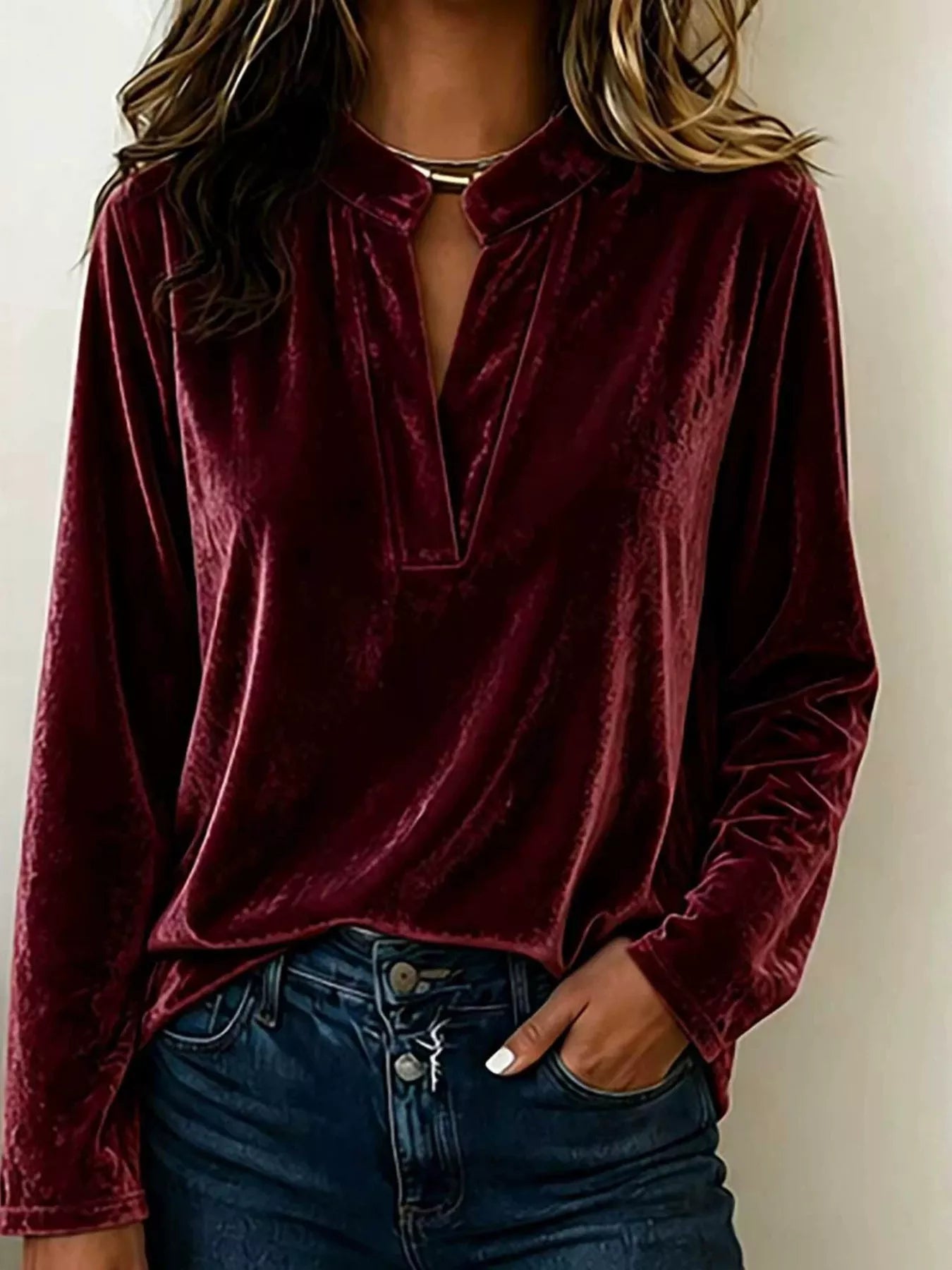 Trendsi Full Size Velvet Notched Long Sleeve Blouse Plus Size -