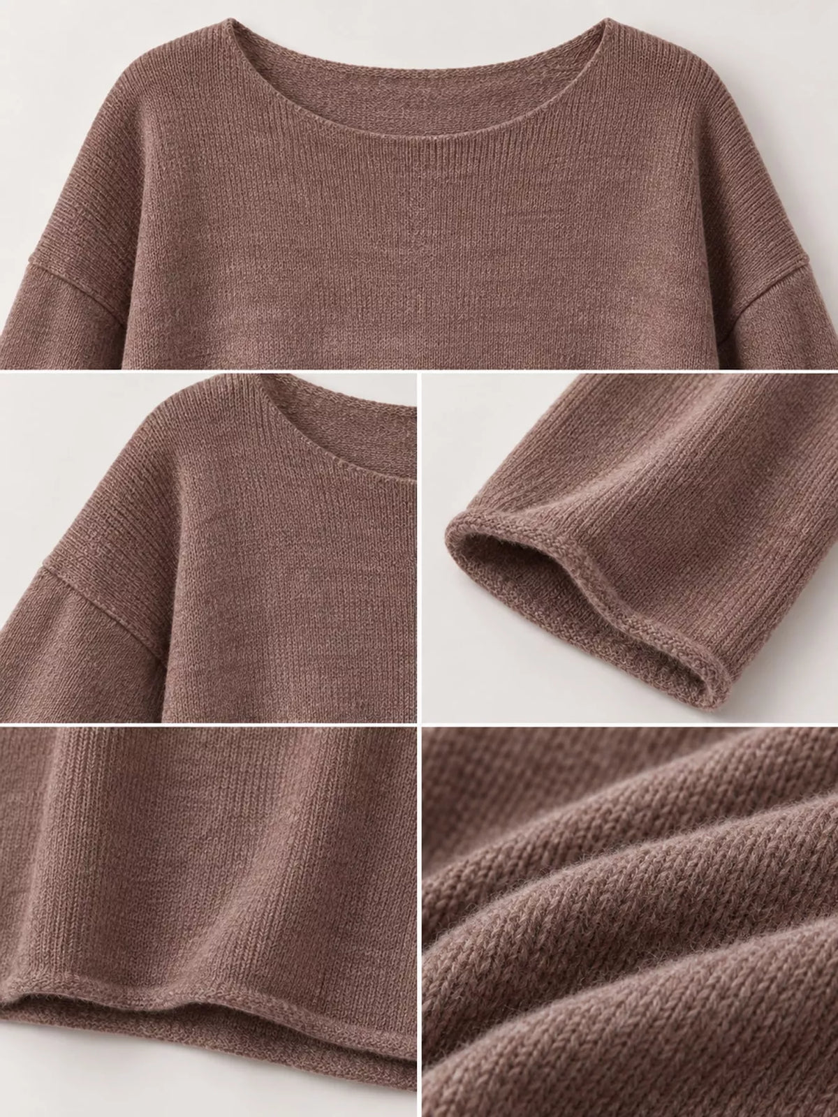 Taupe sheer openwork knit long sleeve top, construction detail collage