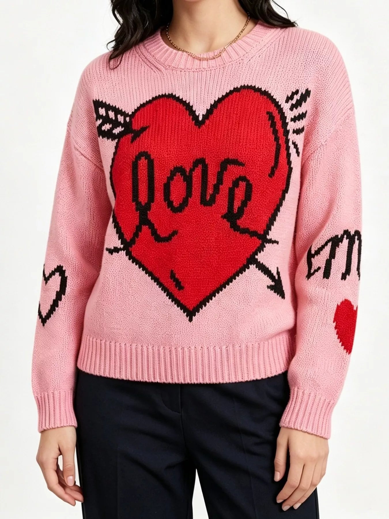 Trendsi Heart Round Neck Ribbed Sweater -