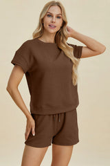 Trendsi Double Take Full Size Texture Short Sleeve Top and Shorts Set -