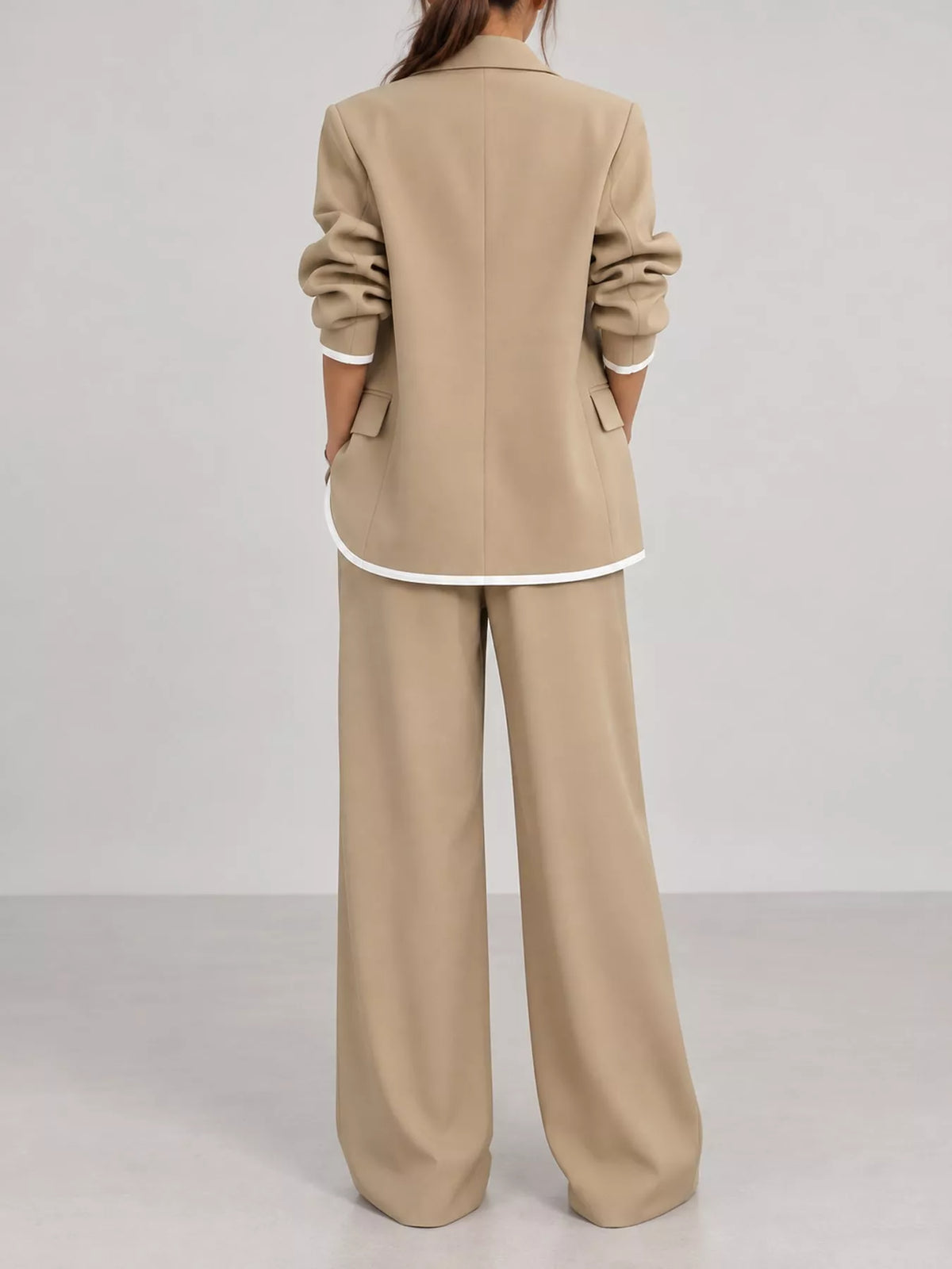 Khaki contrast-trim blazer and wide-leg pants set, back view
