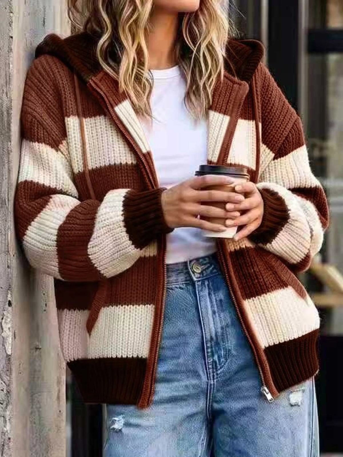 Hooded long sleeve cardigan, front view on model