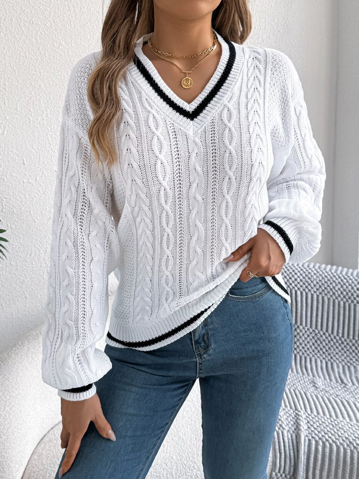 V-Neck Cable Knit Sweater with Striped Trim in white, front view