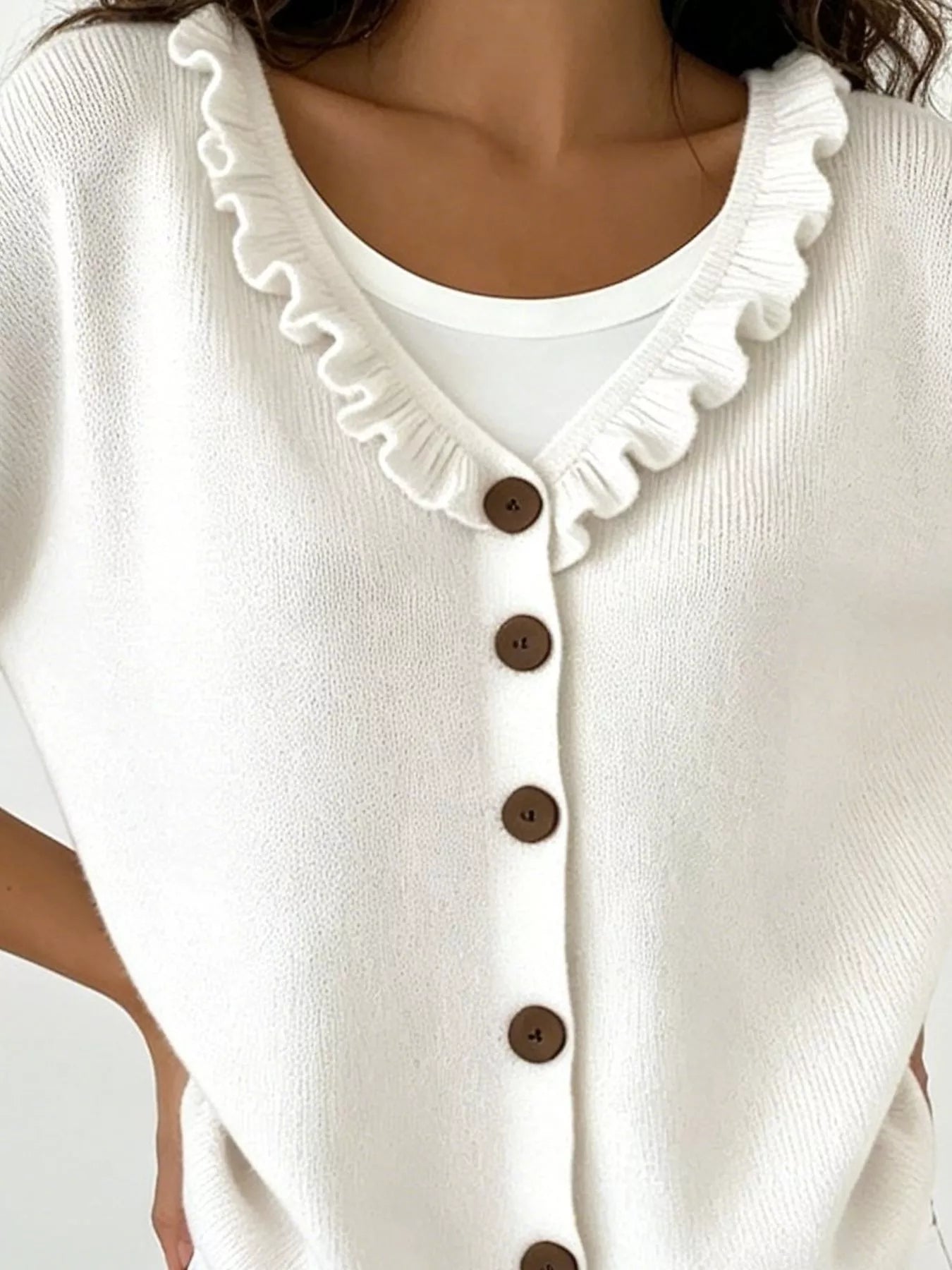 Trendsi Ruffled Neckline Button-Up Cardigan -