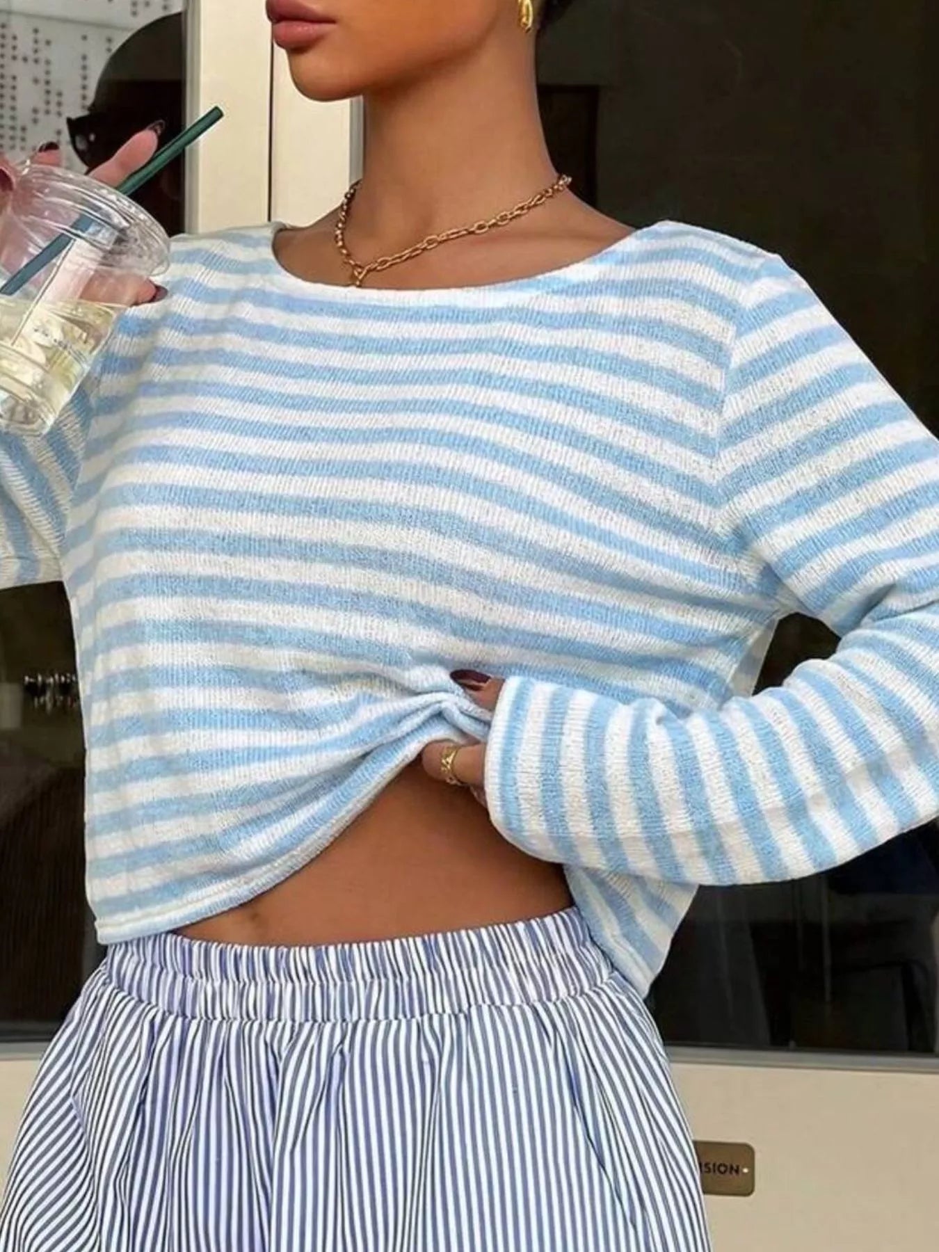 Trendsi Boat Neck Striped Long Sleeve T-Shirt -