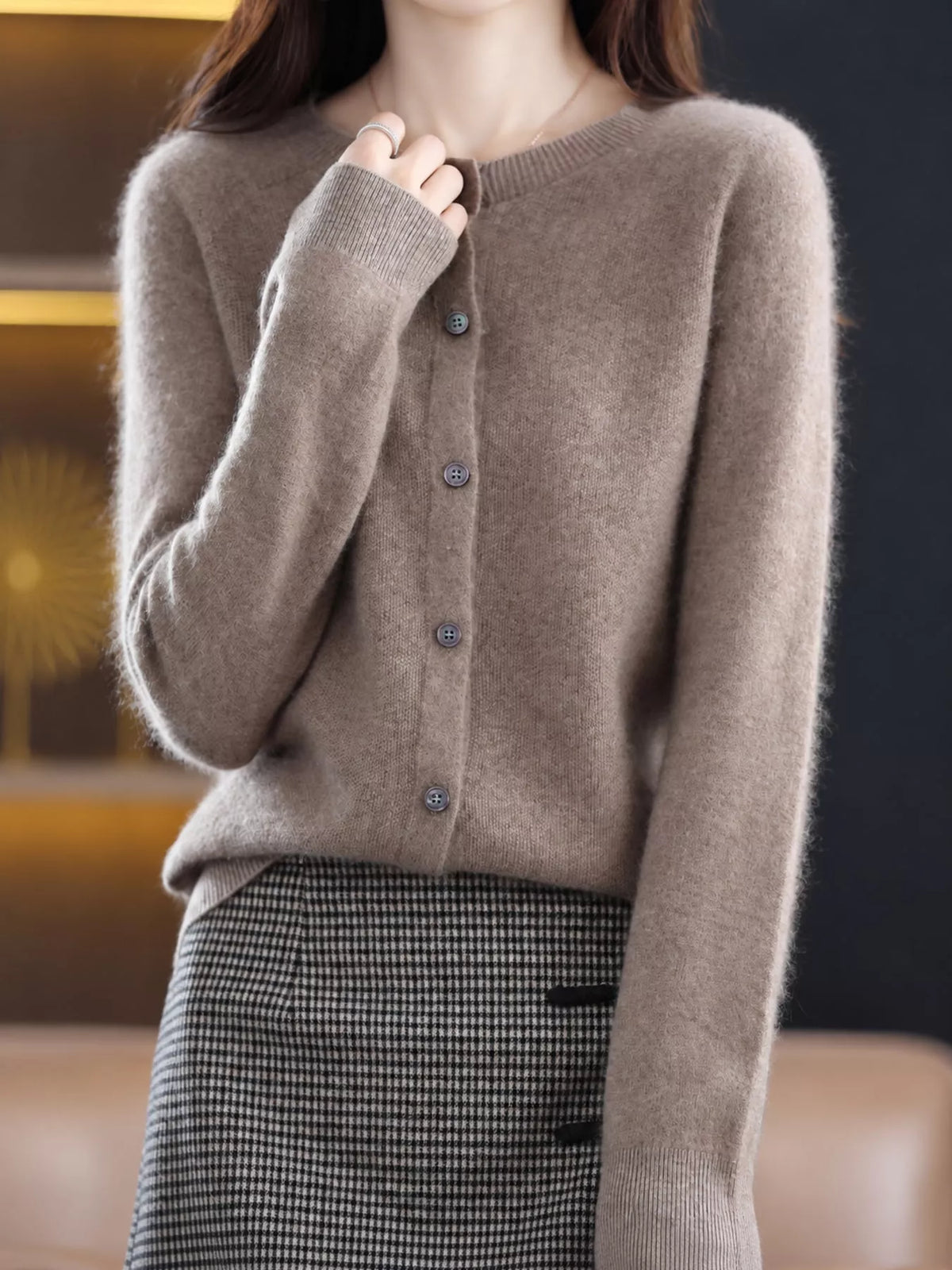 Ribbed cardigan, taupe cuff front