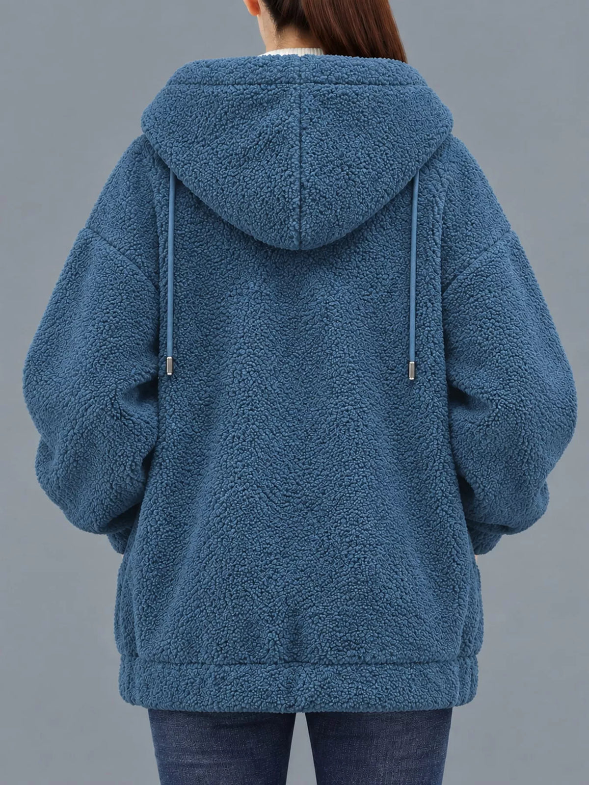 Blue fleece zip-up hoodie with pockets, back view