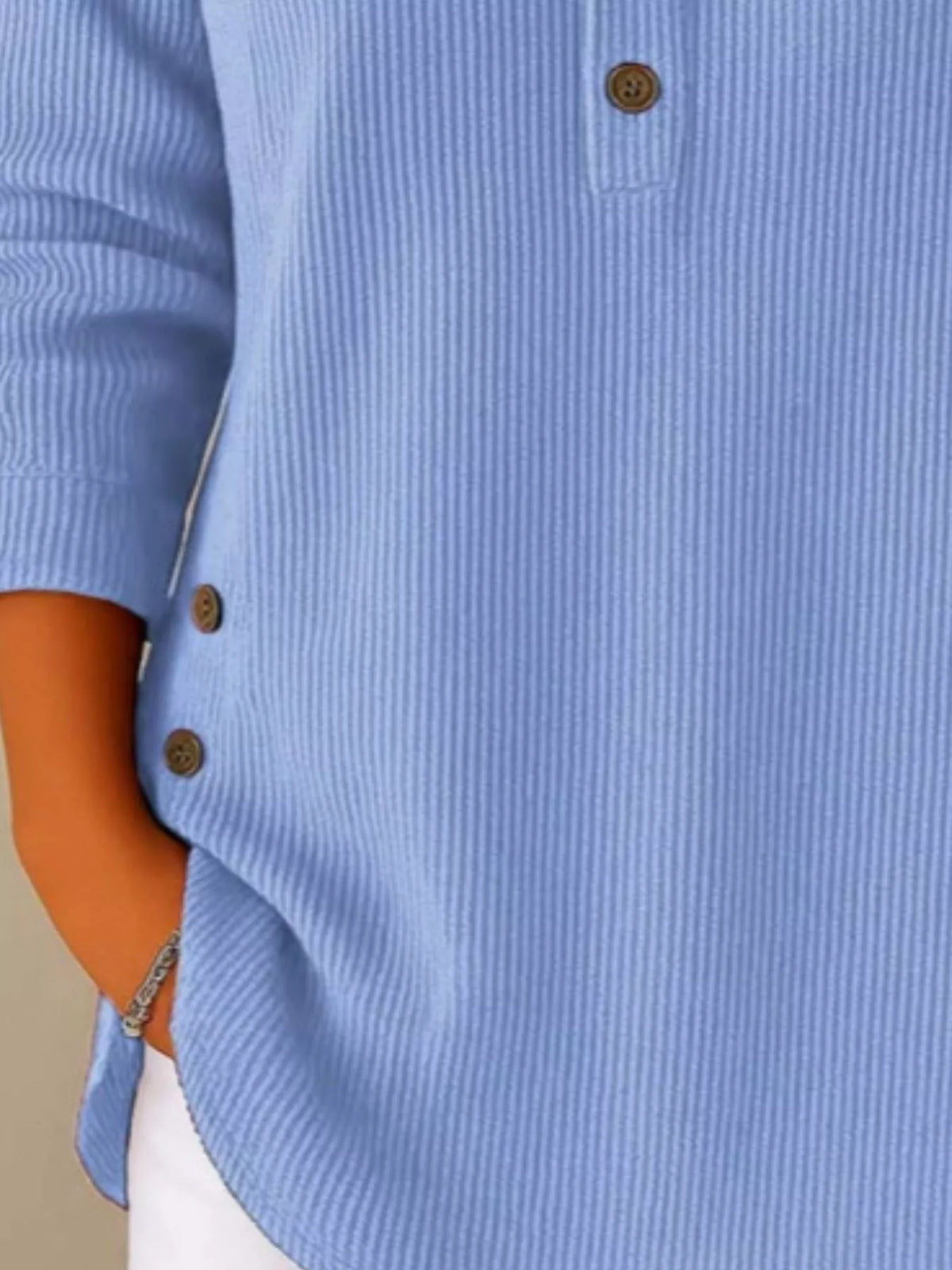 Women's Button Detail Corduroy Top in Blue, back view