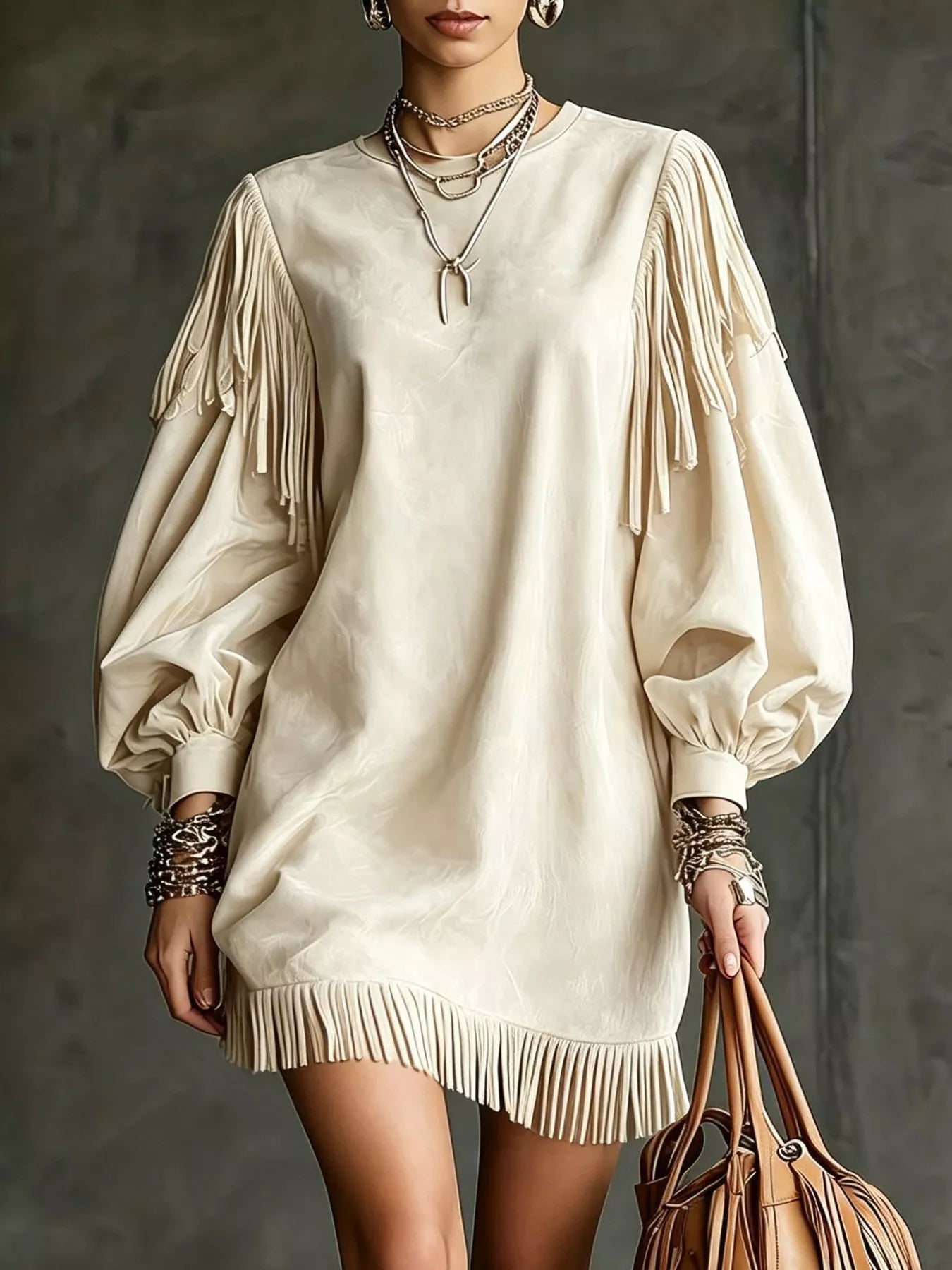 Trendsi Fringe Detail Lantern Sleeve Mini Dress -