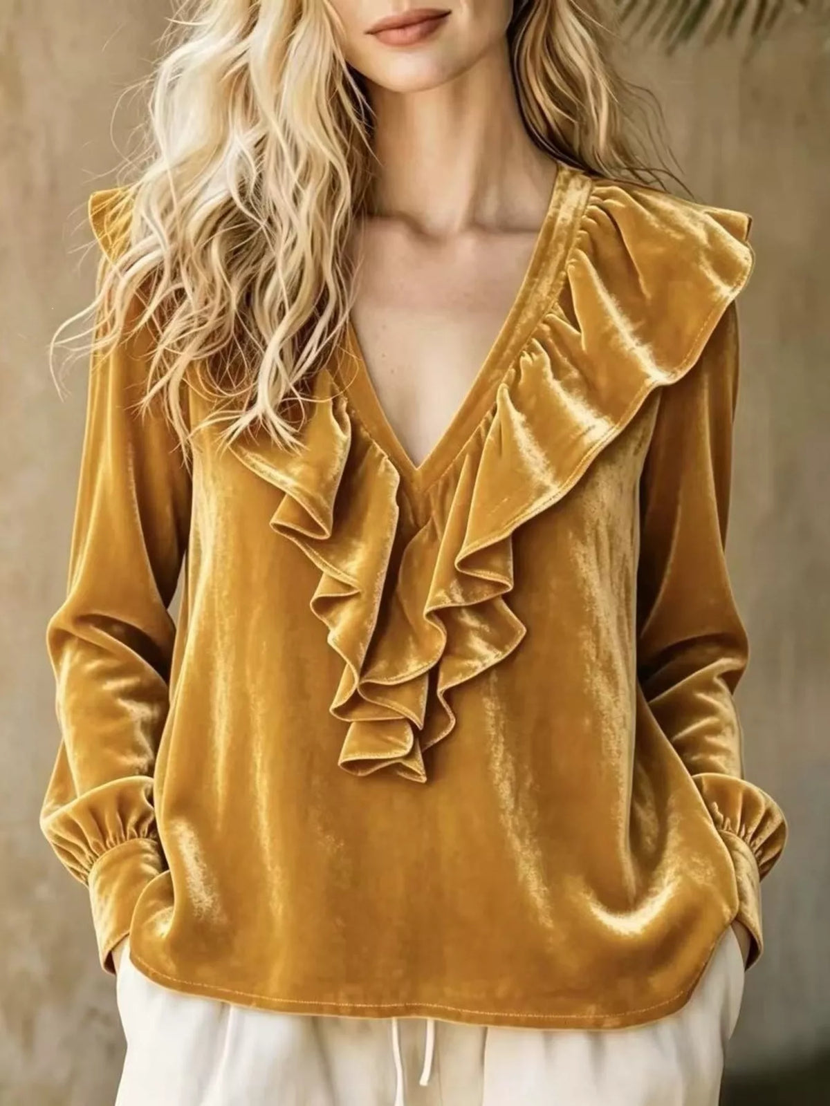 Camel Velvet Ruffled V-Neck Long Sleeve Blouse front view