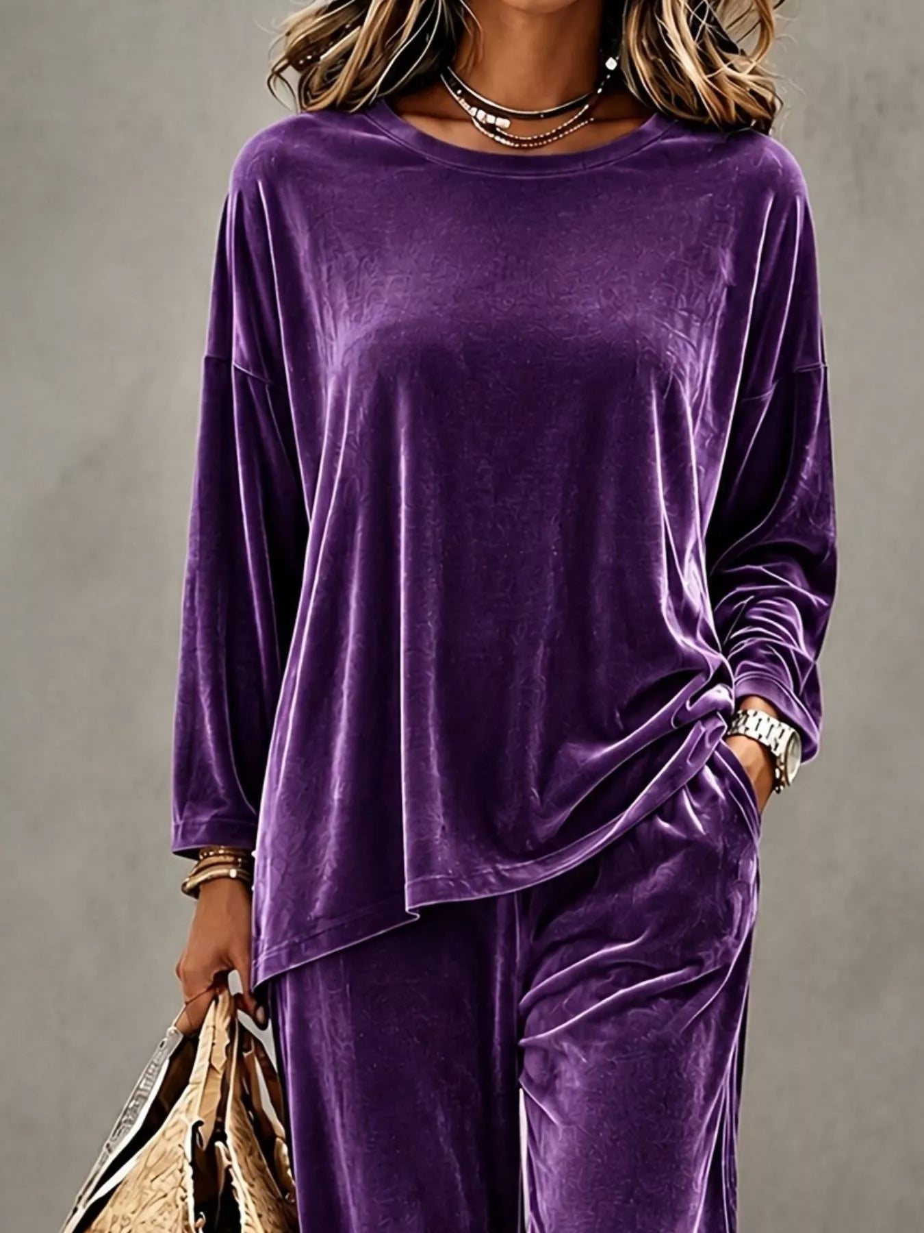 Trendsi Full Size Velvet Long Sleeve Top and Pants Set Plus Size -