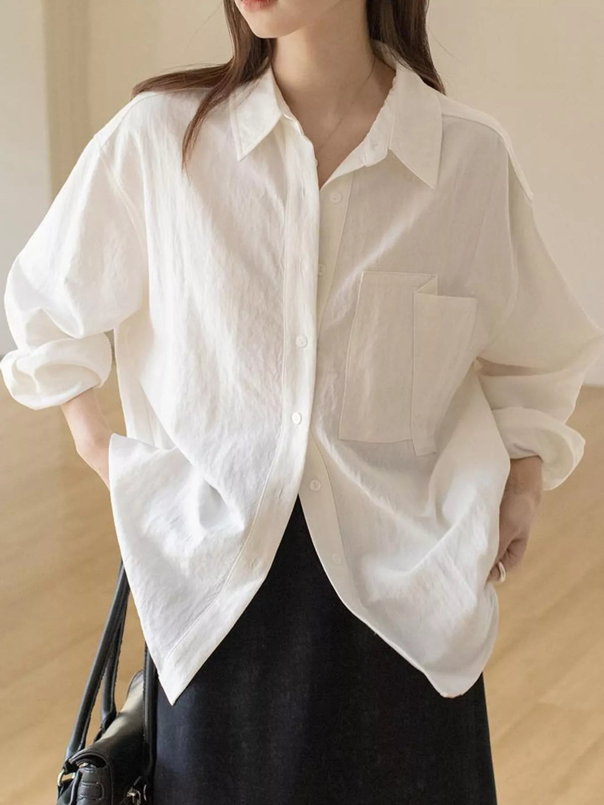 White button down long sleeve shirt, front view