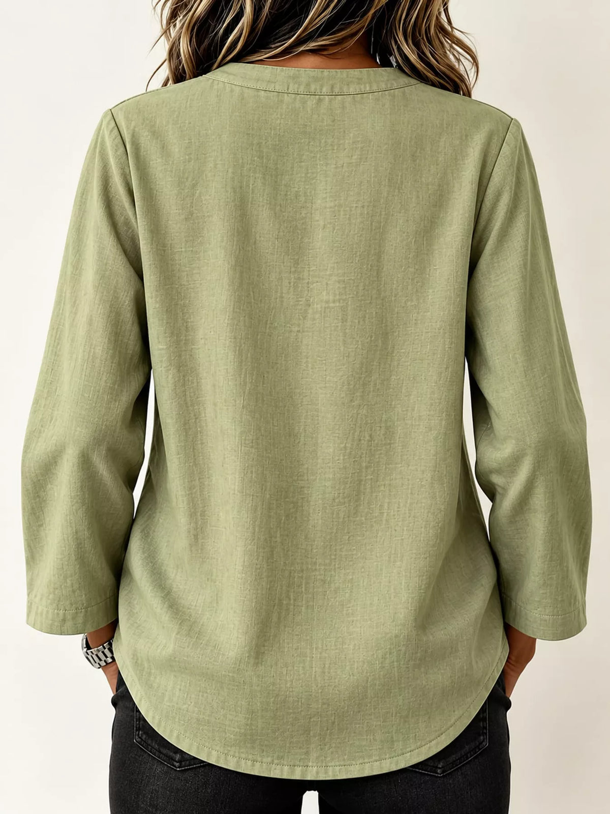 Chinese Style Mandarin Collar Blouse in light green, back view