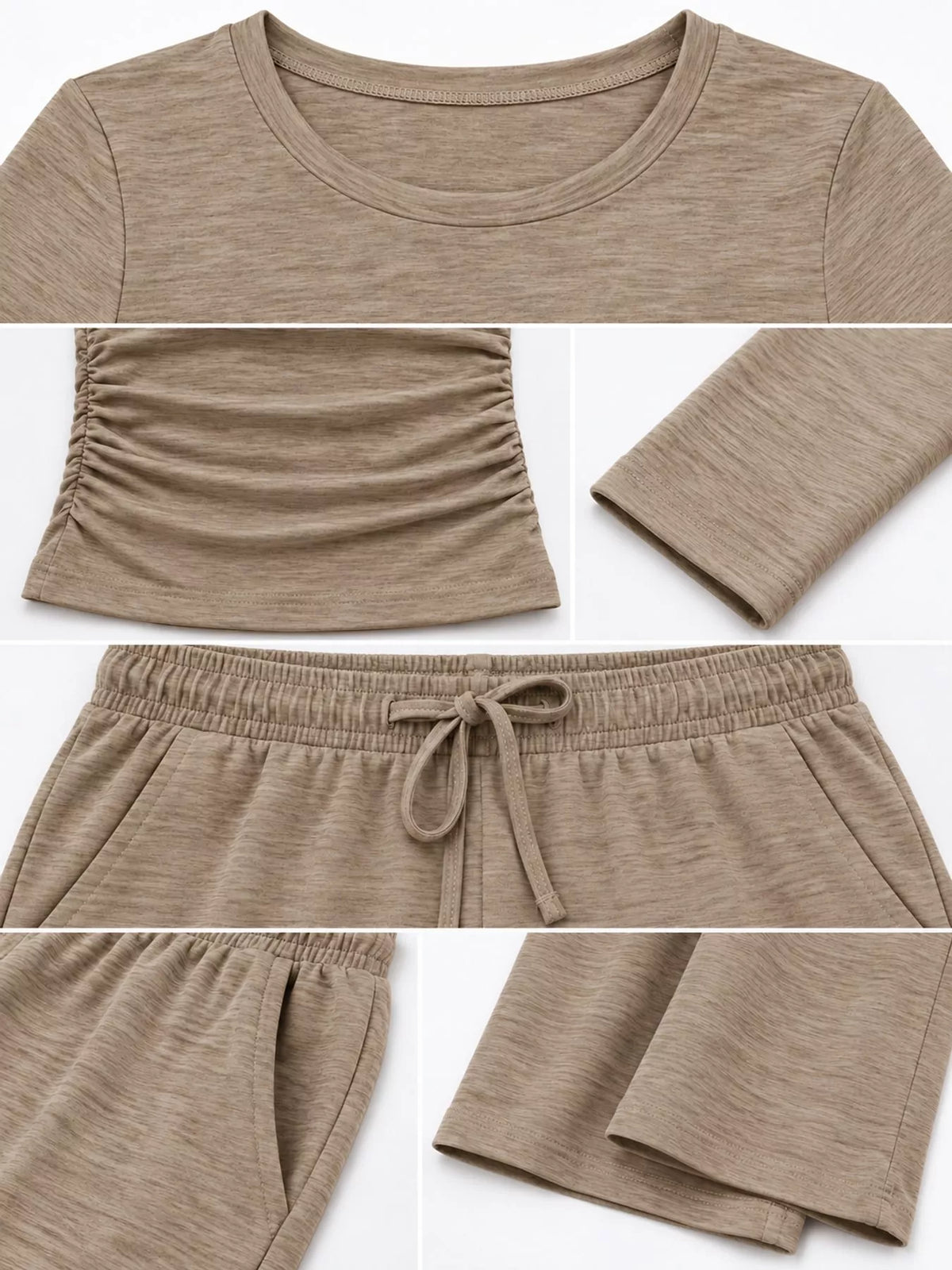 Long Sleeve Ruched Top and Wide-Leg Drawstring Pants Set — construction details
