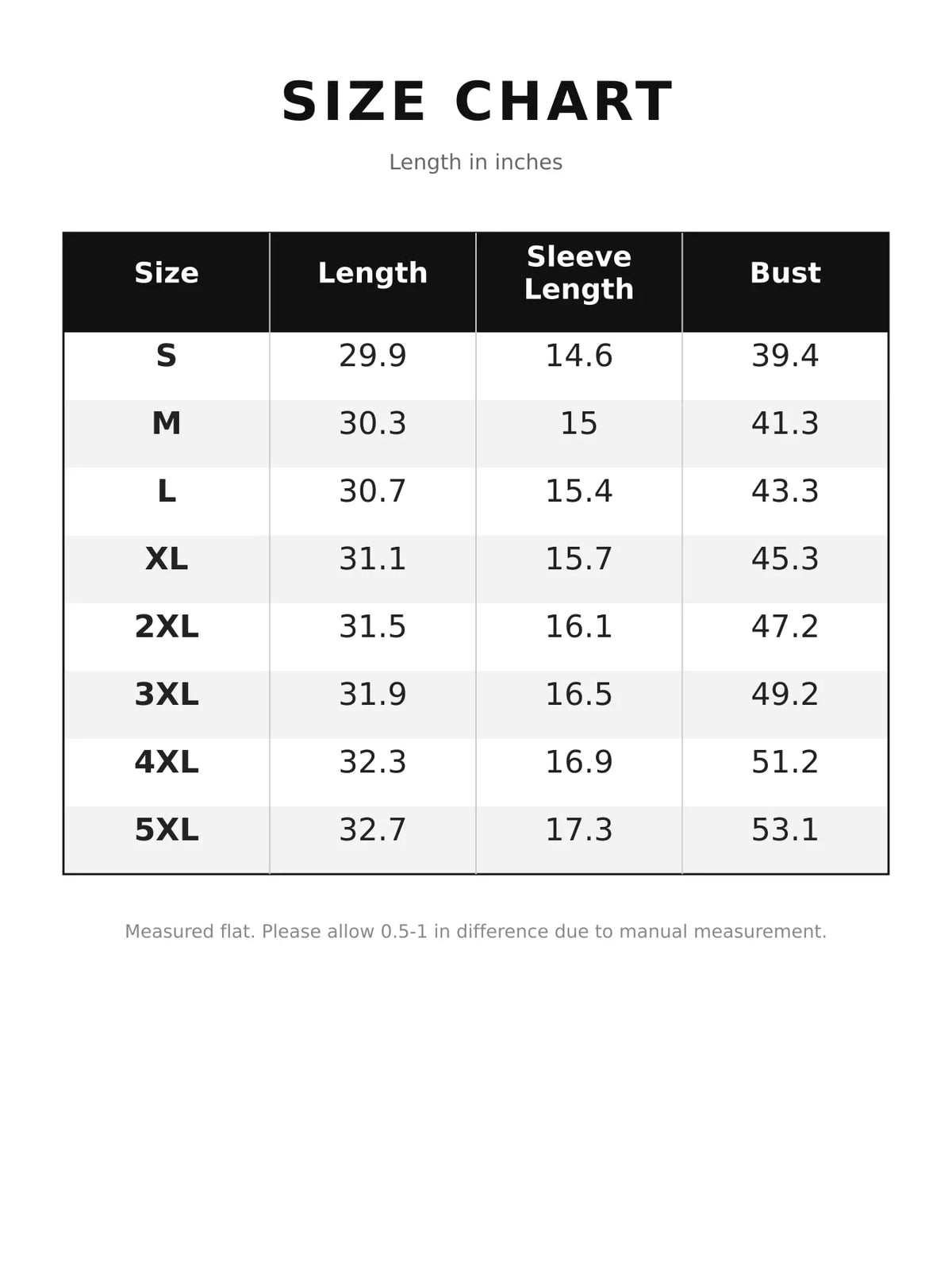 Size chart for loose fit tie back shirt