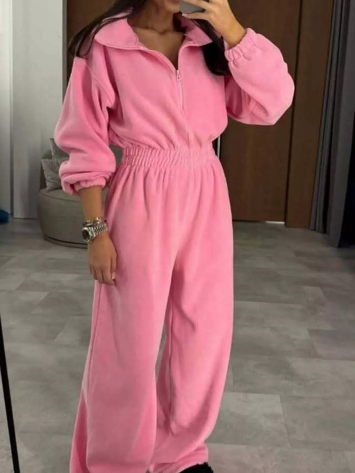 Zip Front Long Sleeve Jumpsuit — front view