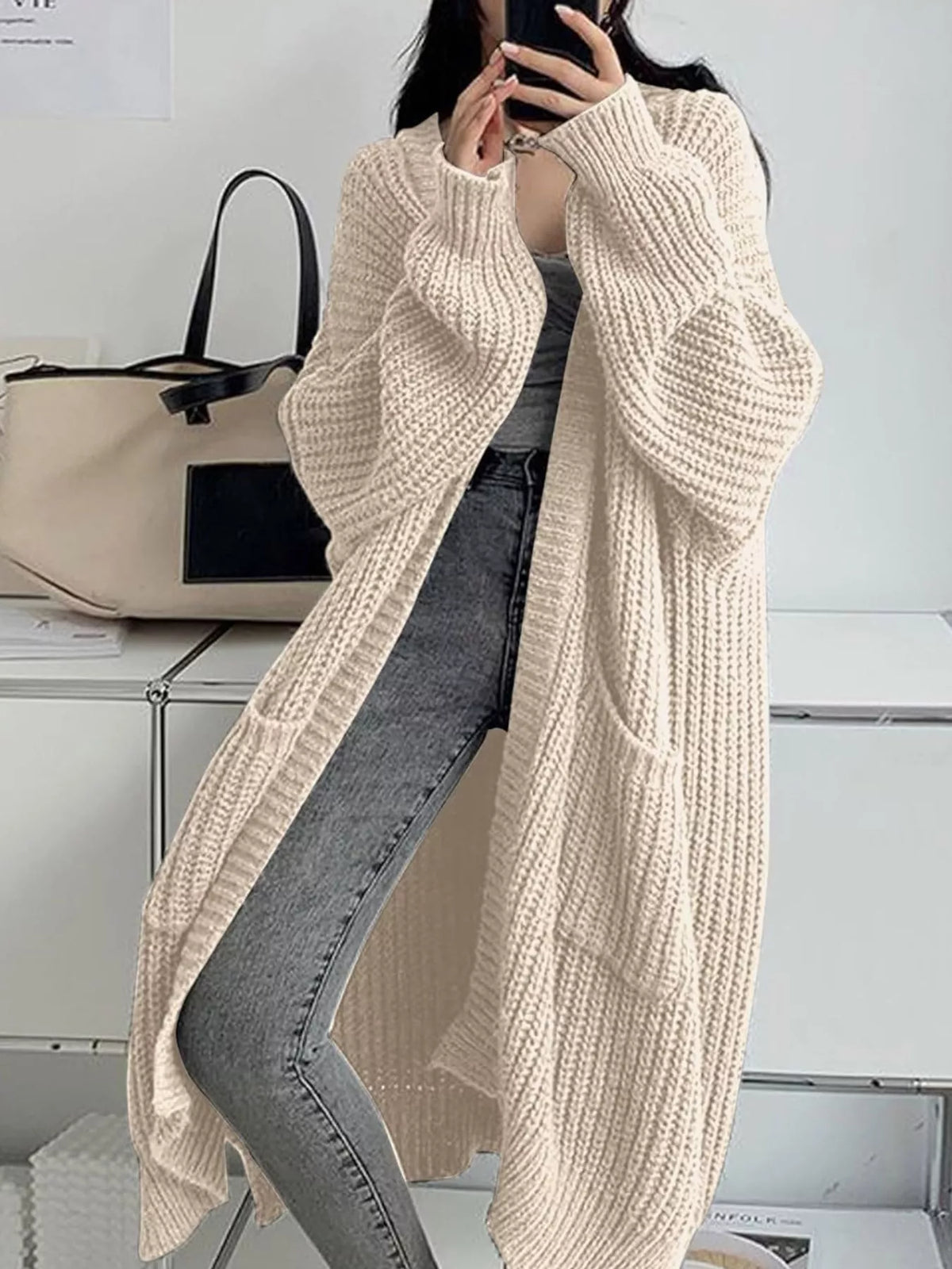 Longline knit cardigan, cream front