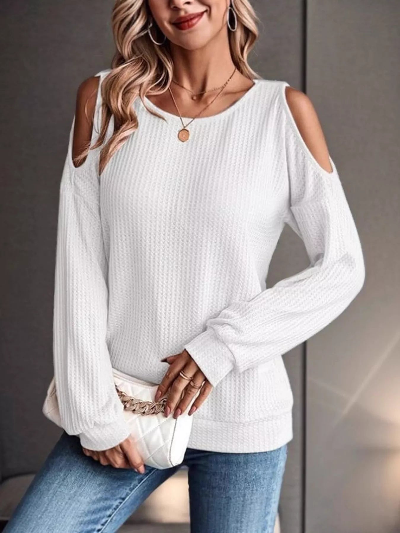 Trendsi Solid Color Cold Shoulder Long Sleeve T-Shirt -