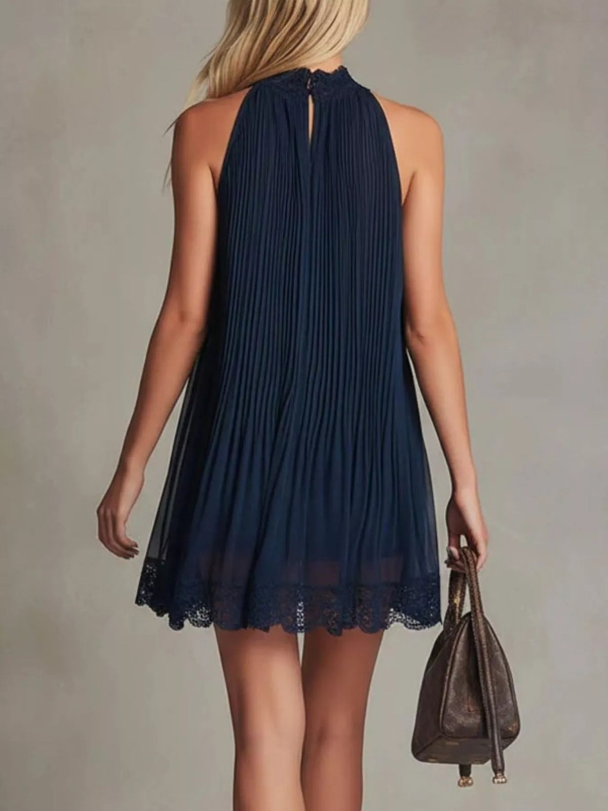 Women's pleated lace-trim sleeveless mini dress