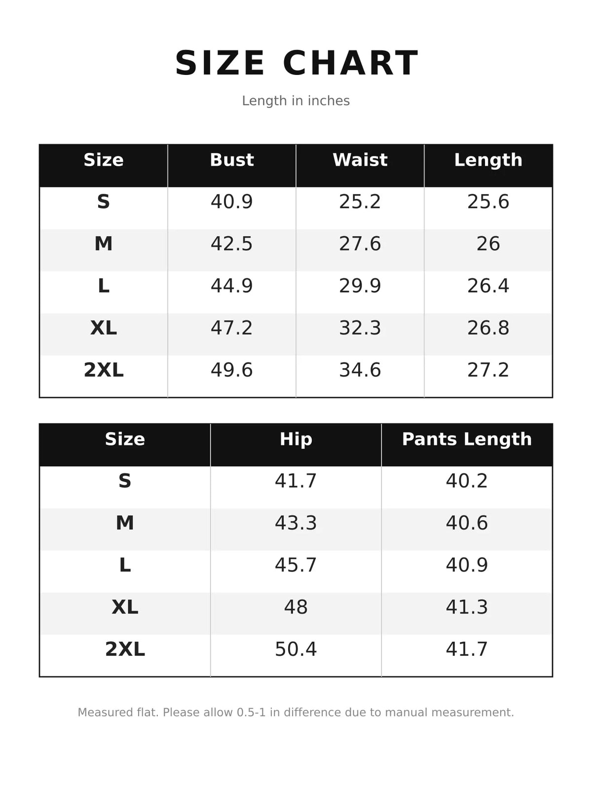 Size chart for corduroy v-neck top and pants set