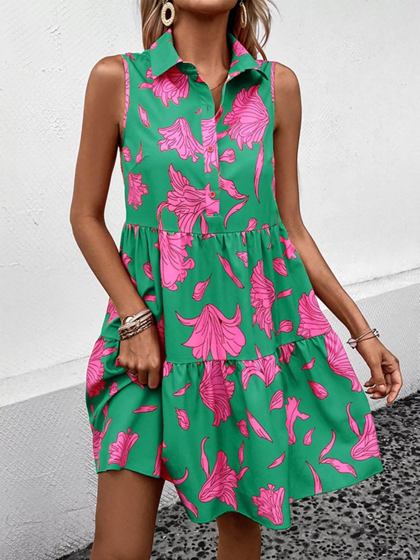 Trendsi Sleeveless Floral Print Tiered Shirt Dress -