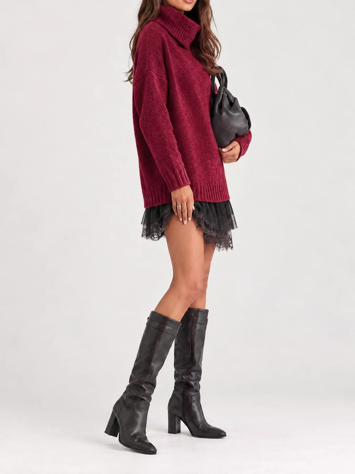Turtleneck Sweater and Lace Hem Dress Set — side view