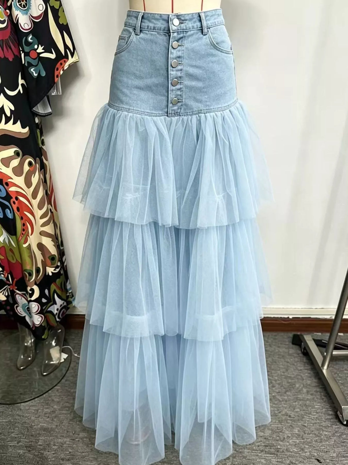 Trendsi High-Waisted Button-Front Denim and Tulle Maxi Skirt -