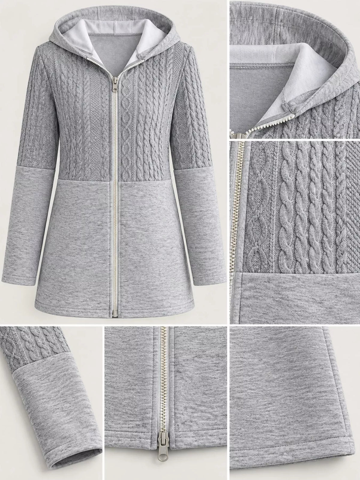 Gray hooded zip-up jacket, hood, zipper, cable-knit panels, sleeve, and hem close-ups