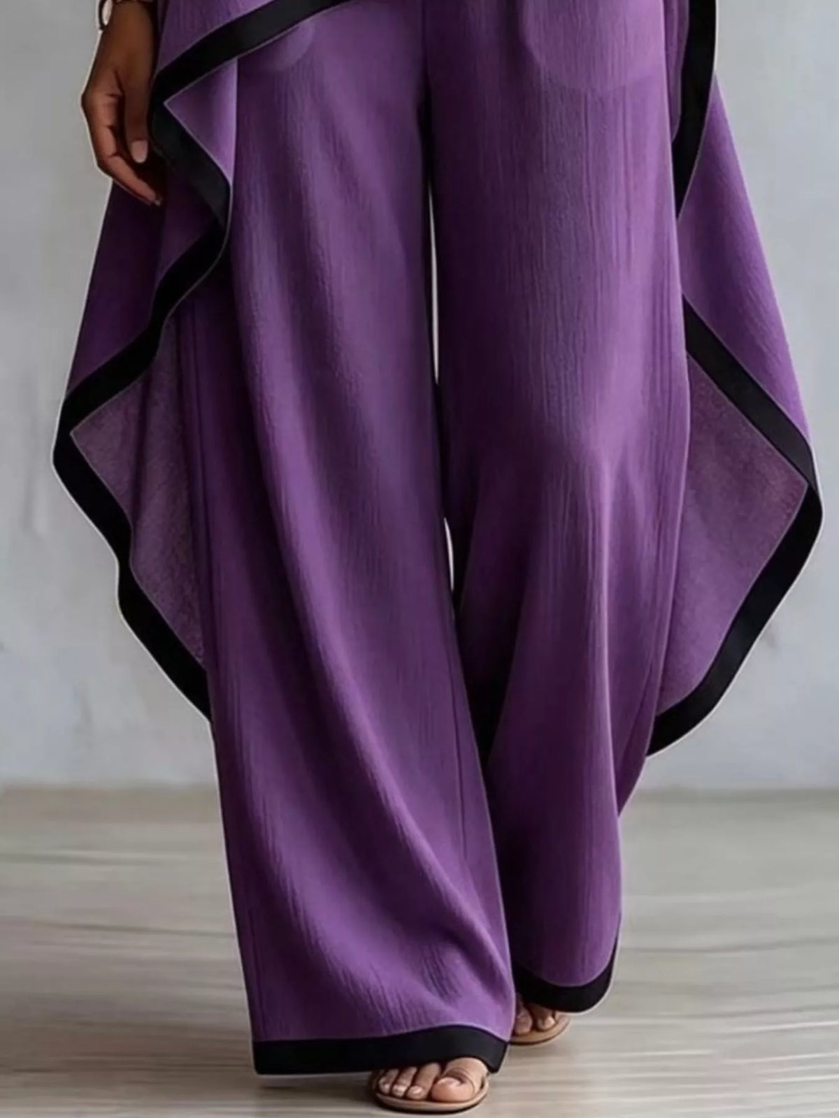 Purple contrast-trim top and pants set, wide-leg pants detail