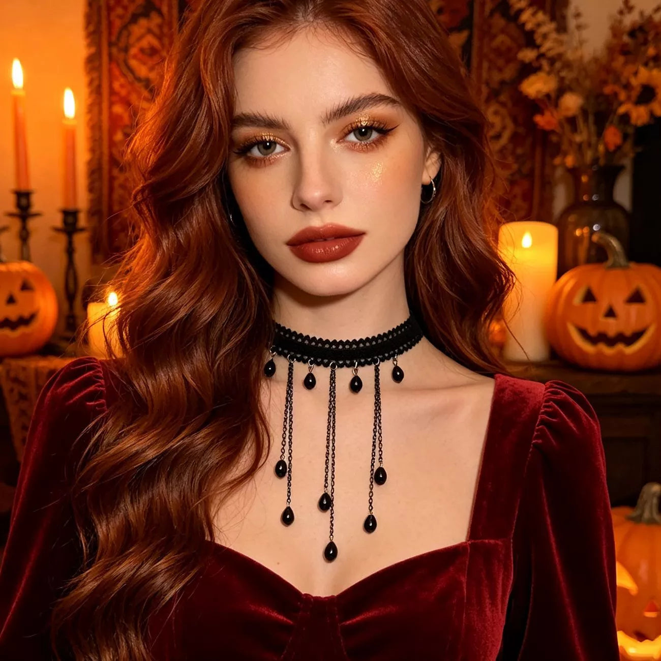 Trendsi Gothic Lace Choker Necklace with Teardrop Dangle Charms -