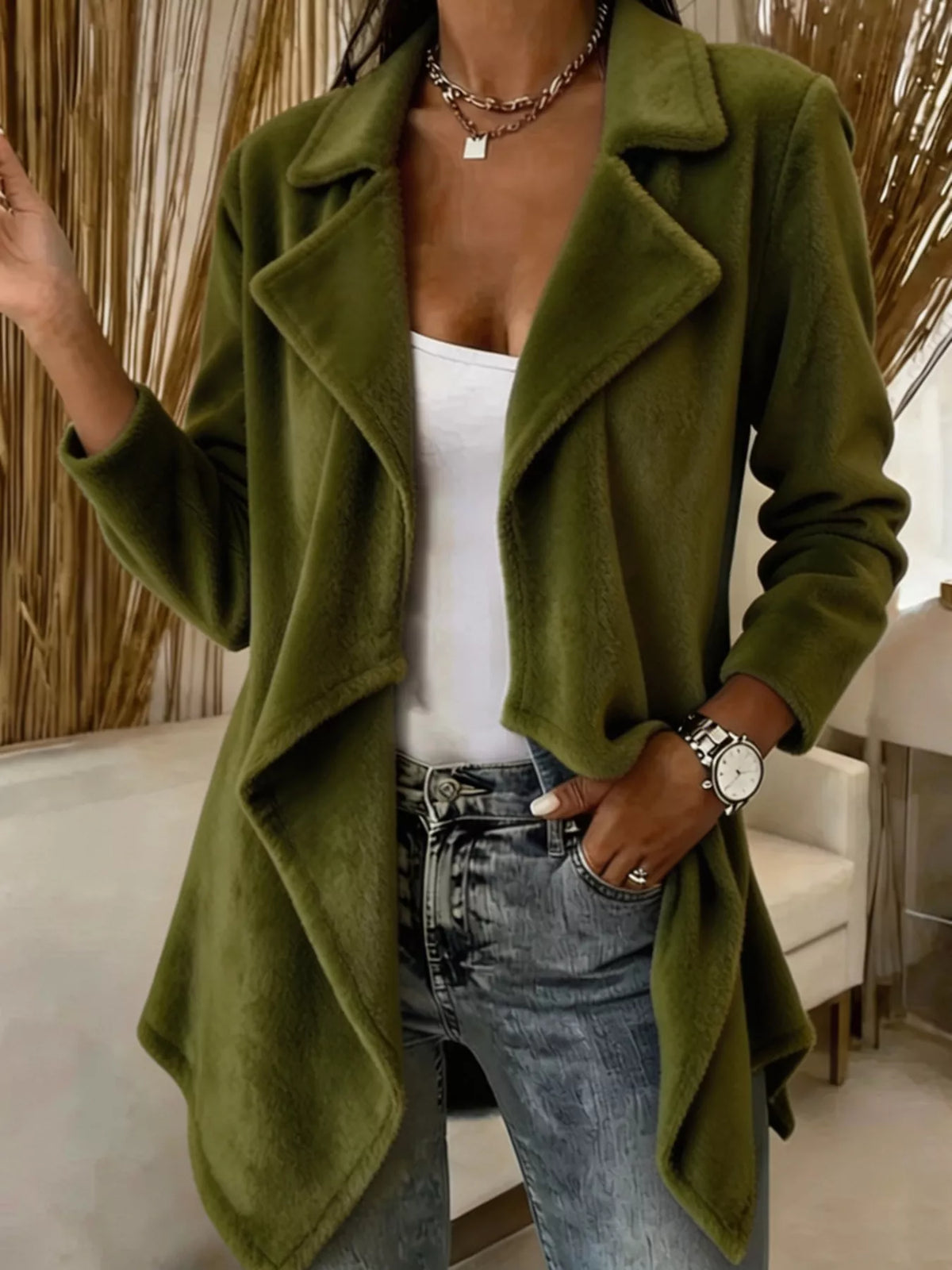 Green fleece waterfall collar jacket