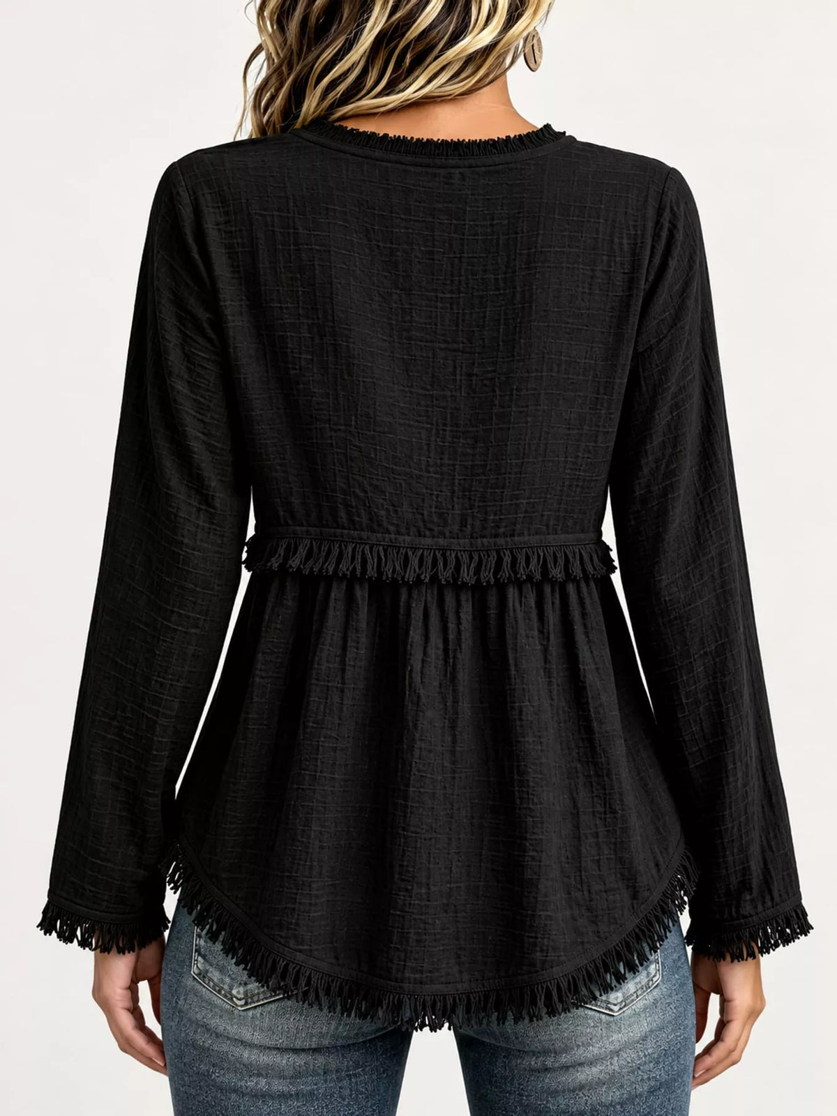 Fringe-trim blouse, black back