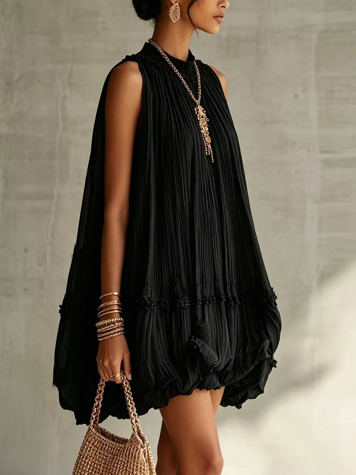 Trendsi Pleated Mock Neck Sleeveless Mini Dress -