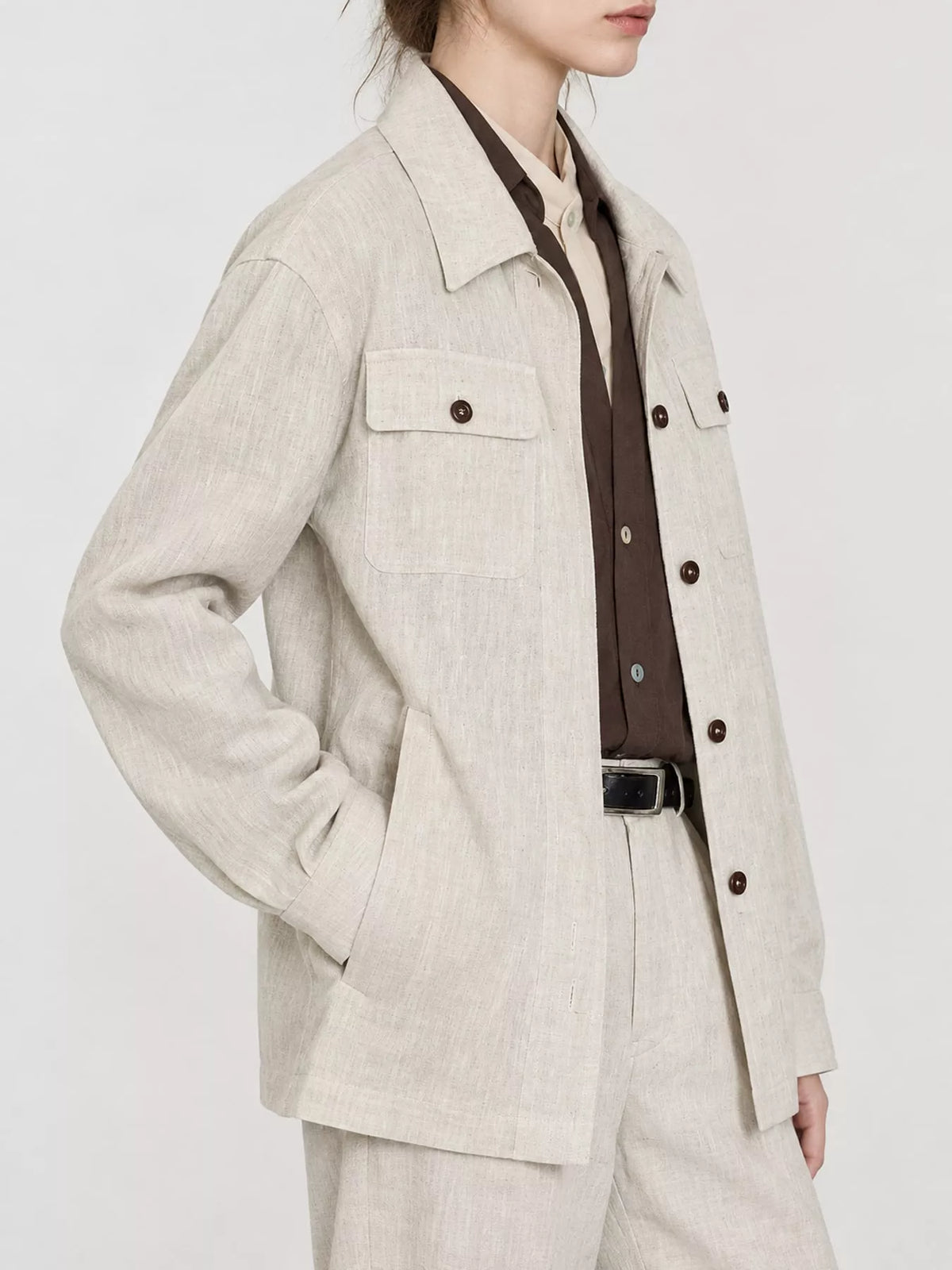 Belted shacket, beige side