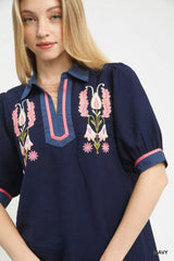 Trendsi Umgee Embroidered Puff Sleeve Contrast Trim Top -