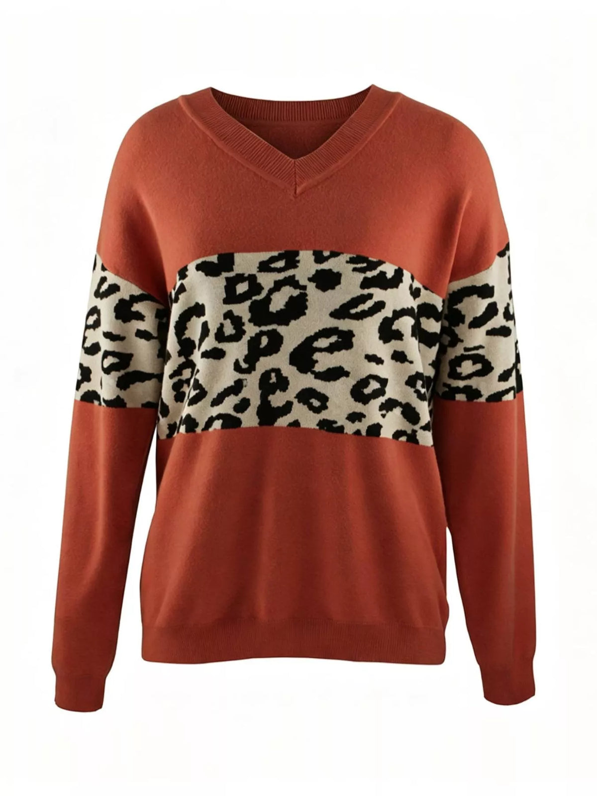 Red leopard v-neck dropped shoulder sweater