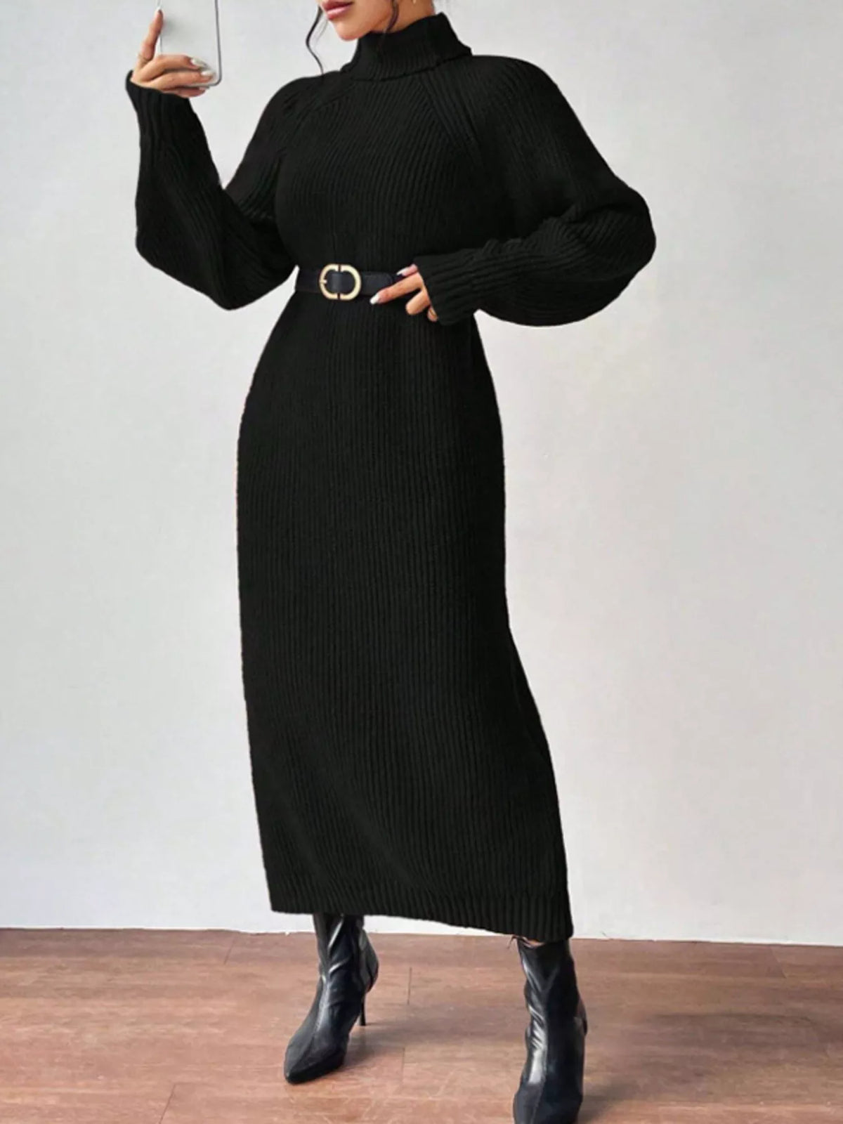Turtleneck Ribbed Knit Midi Sweater Dress in black, front view