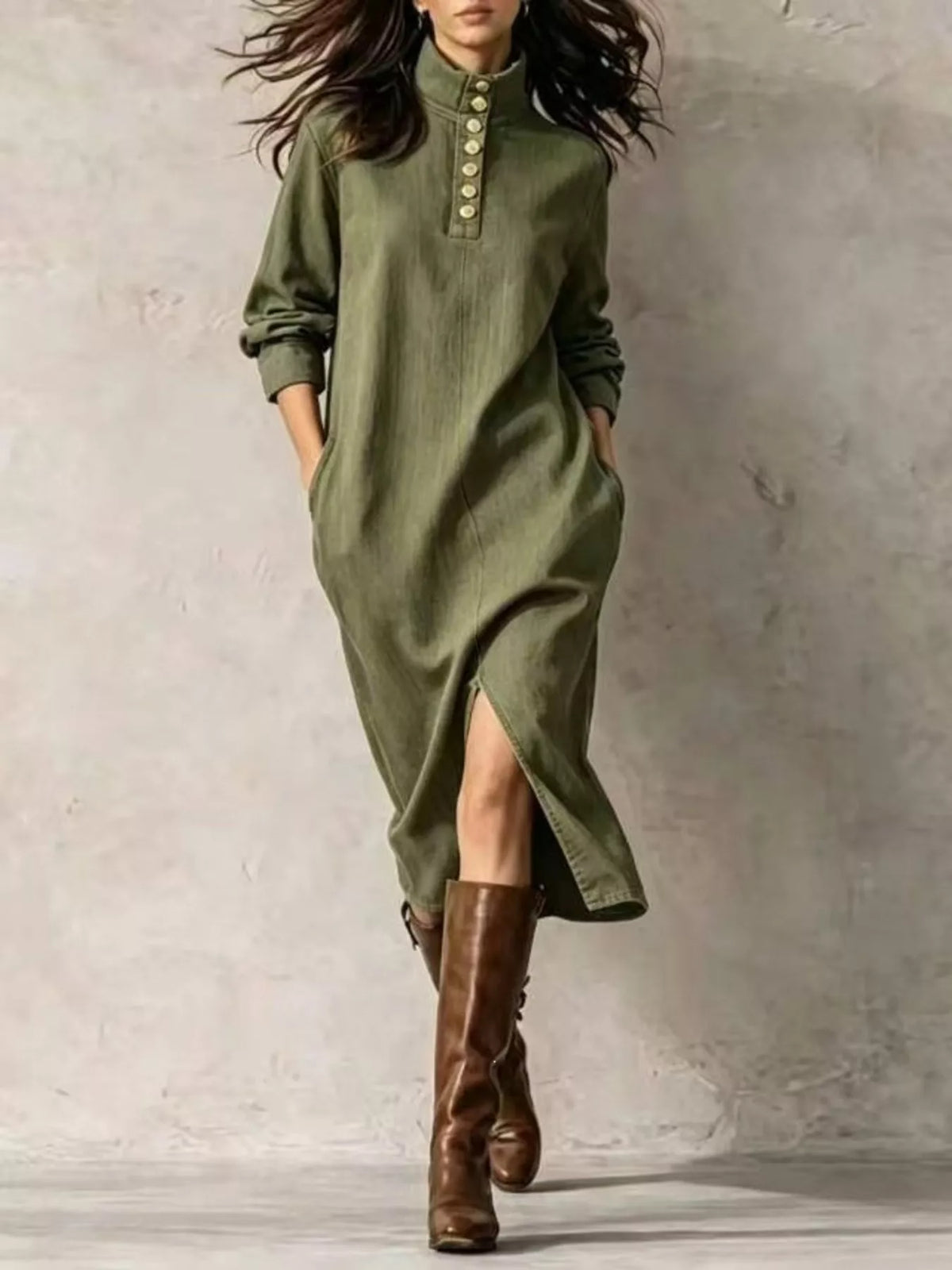 Mandarin neck long sleeve midi dress, front view on model