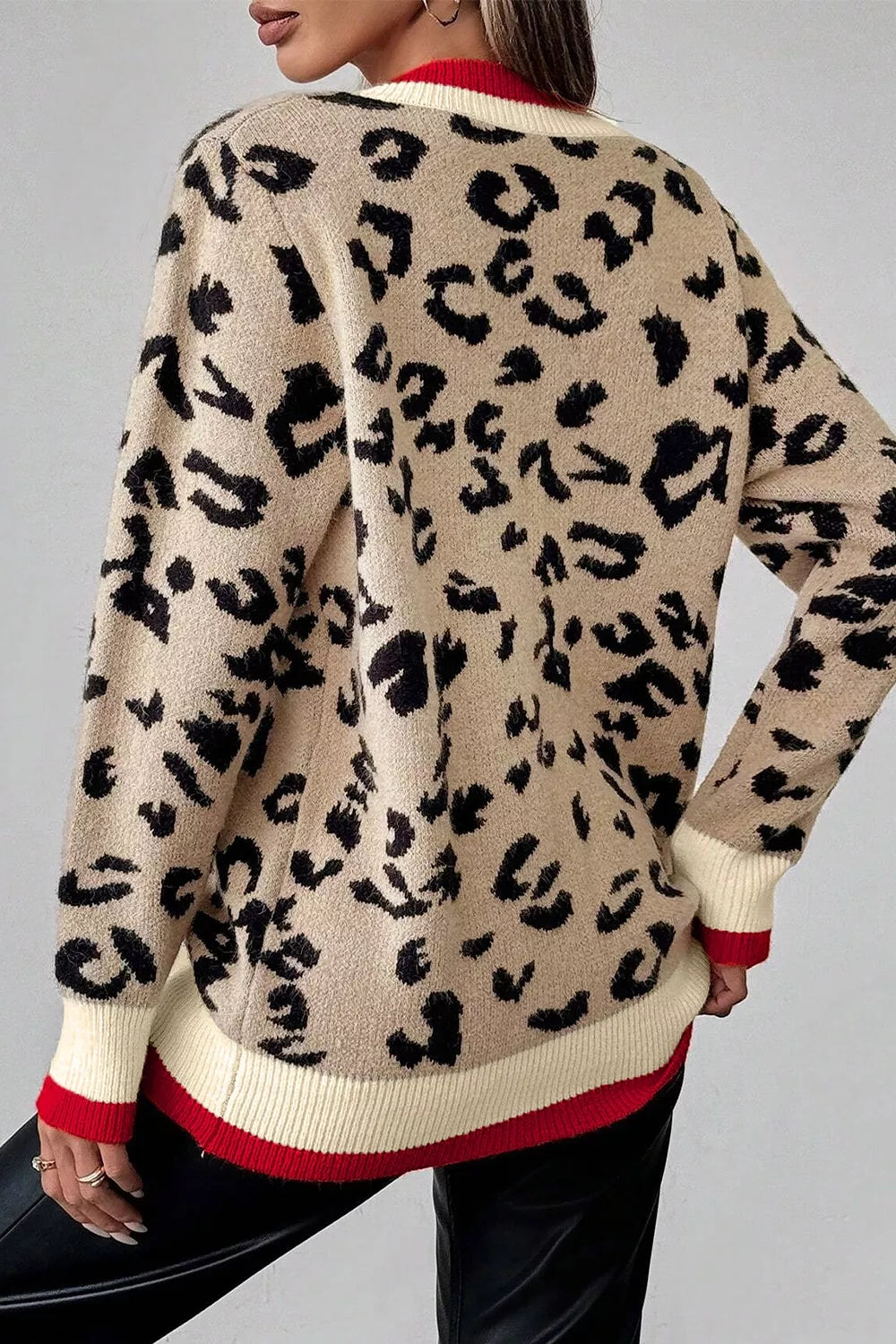 Trendsi Leopard Pattern V-Neck Contrast Rib Knitted Sweater -