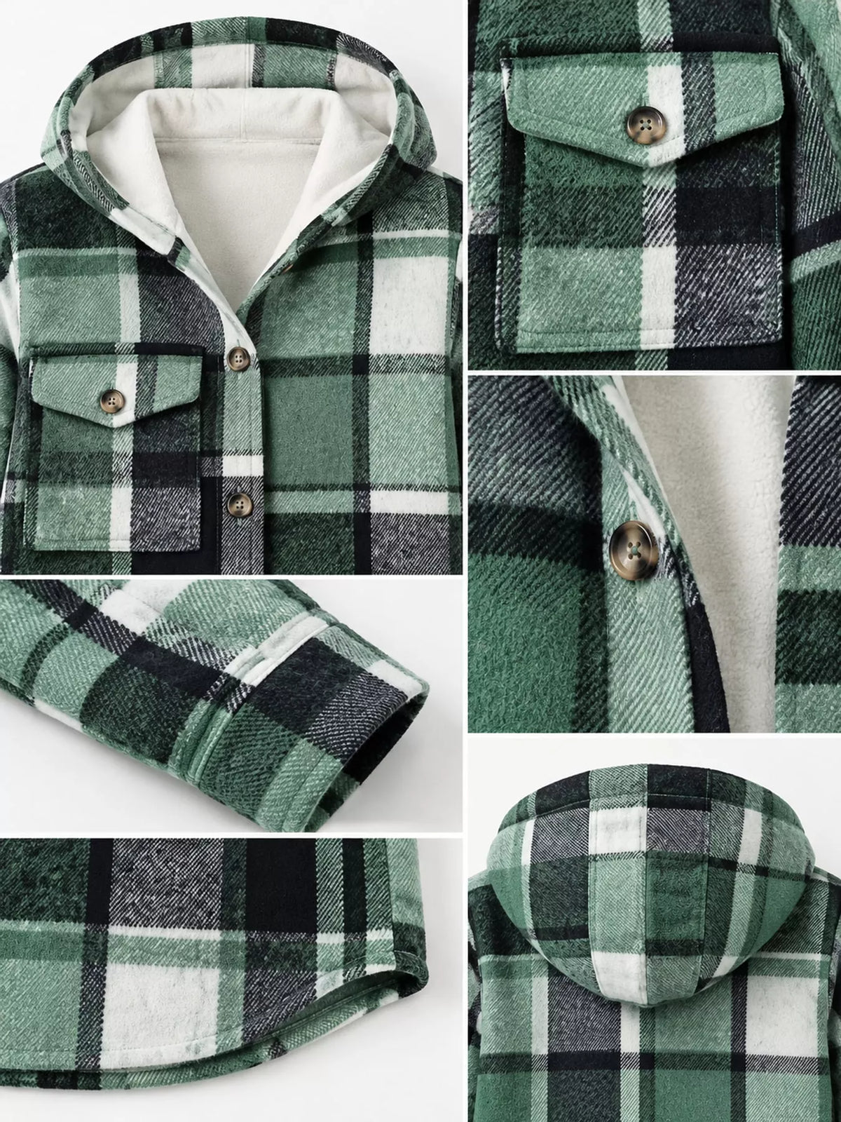 Green fleece-lined plaid button-up shacket, hood, chest pockets, buttons, and fleece lining