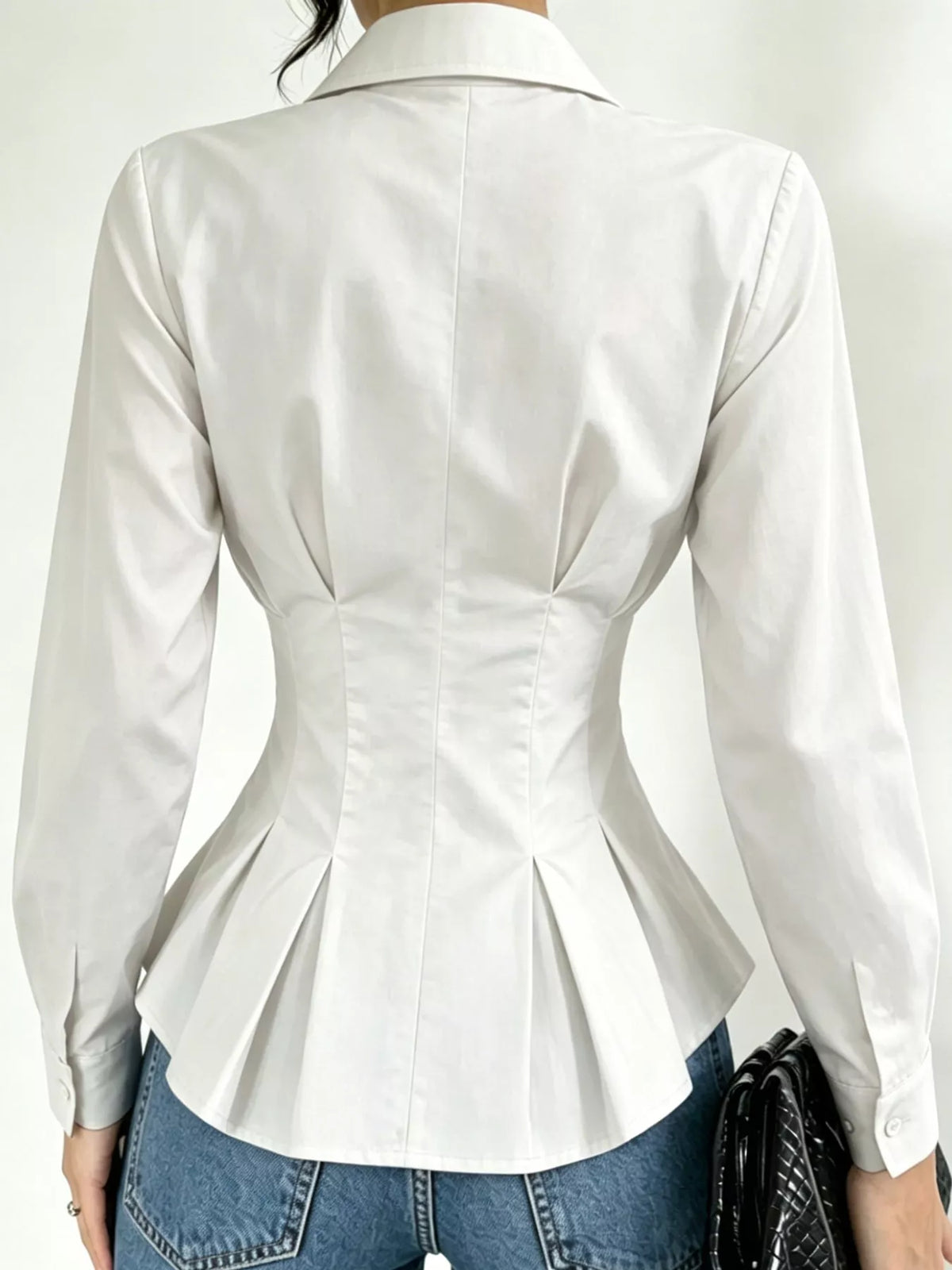 Button-Down Peplum Blouse with Fitted Waist, back view