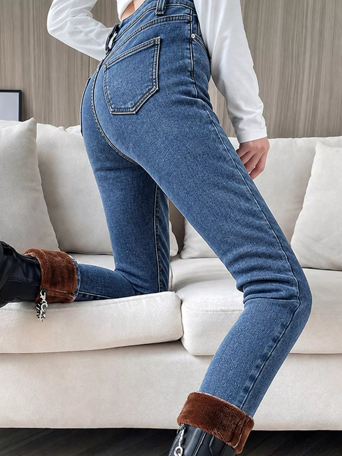 High-Waisted Slim-Fit Stretch Fleece Jeans — side view