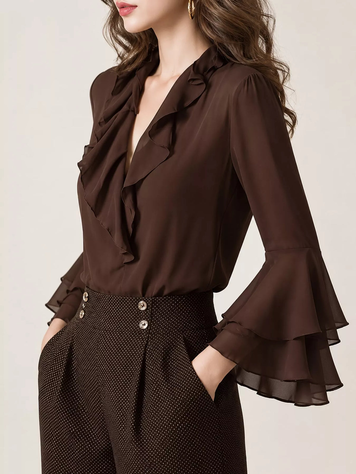Brown ruffle-trim V-neck blouse with tiered bell sleeves, side view