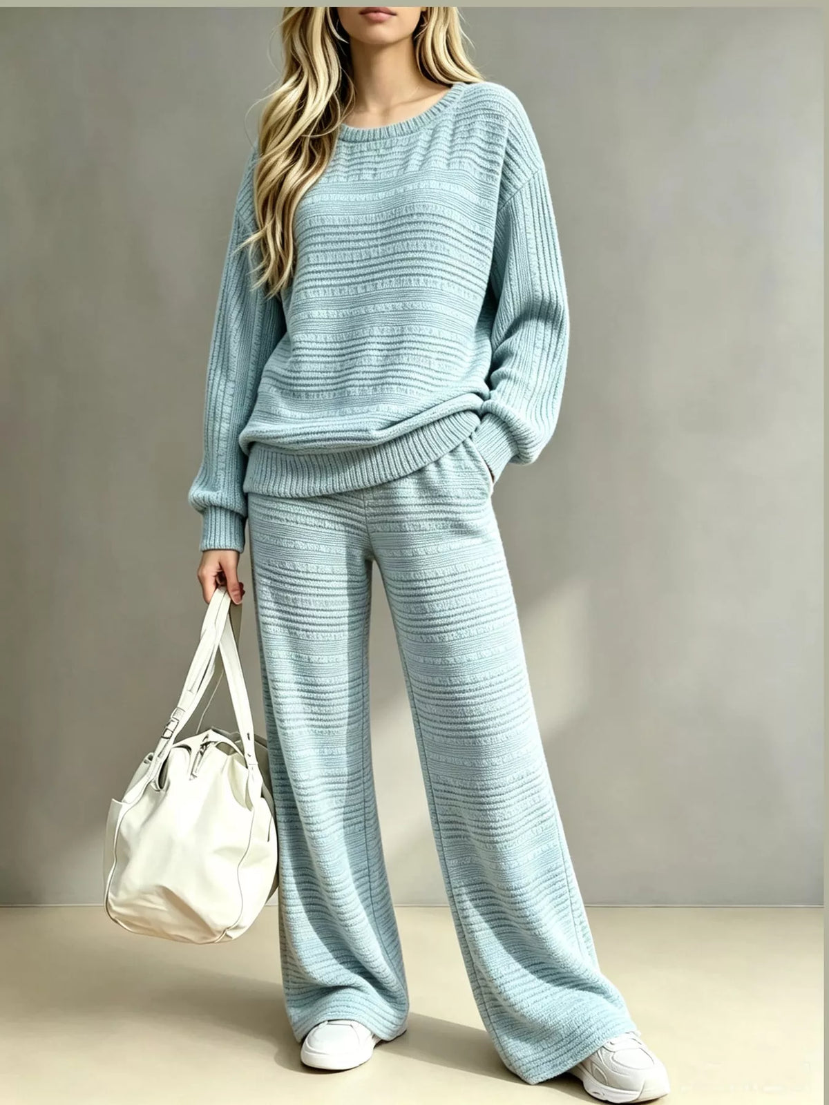Ribbed Knit Top and Wide-Leg Pants Set — front view