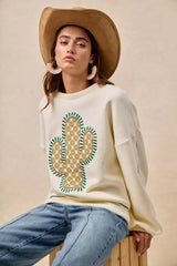 Trendsi BiBi Cactus Embroidered Fleece Sweatshirt -