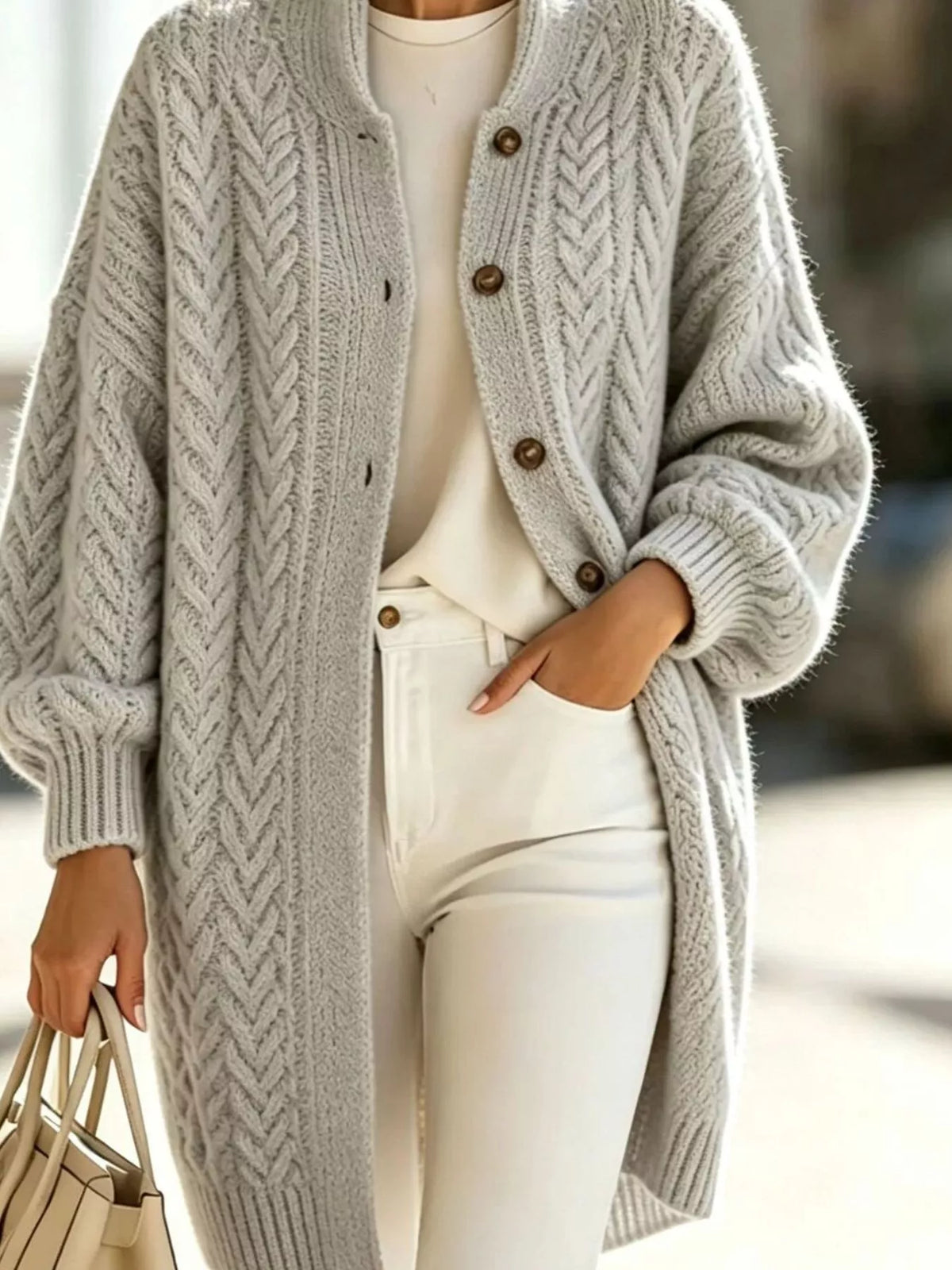 Round neck long sleeve cardigan, construction and design details