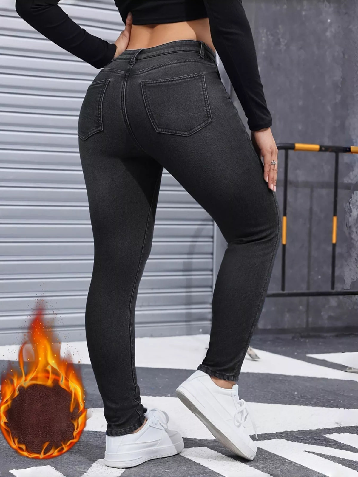Black Gray high-waisted fleece-lined skinny jeans